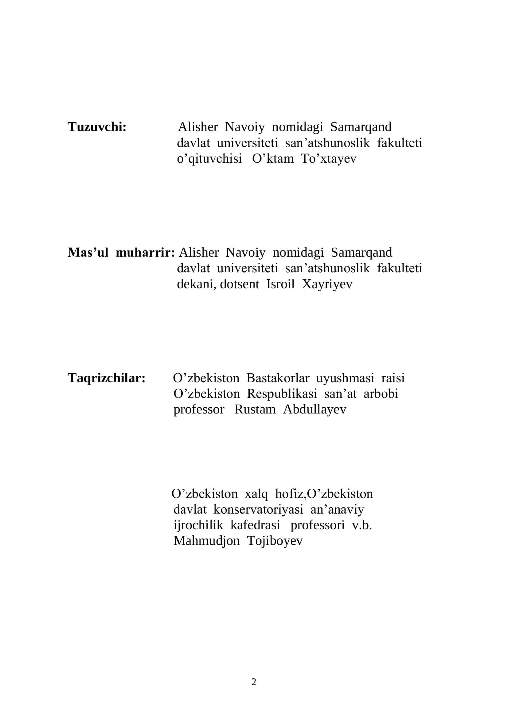 Oliy o’quv yurti musiqa yo’nalishi va san’at kolleji talabalari uchun o’quv qo’llanma 2