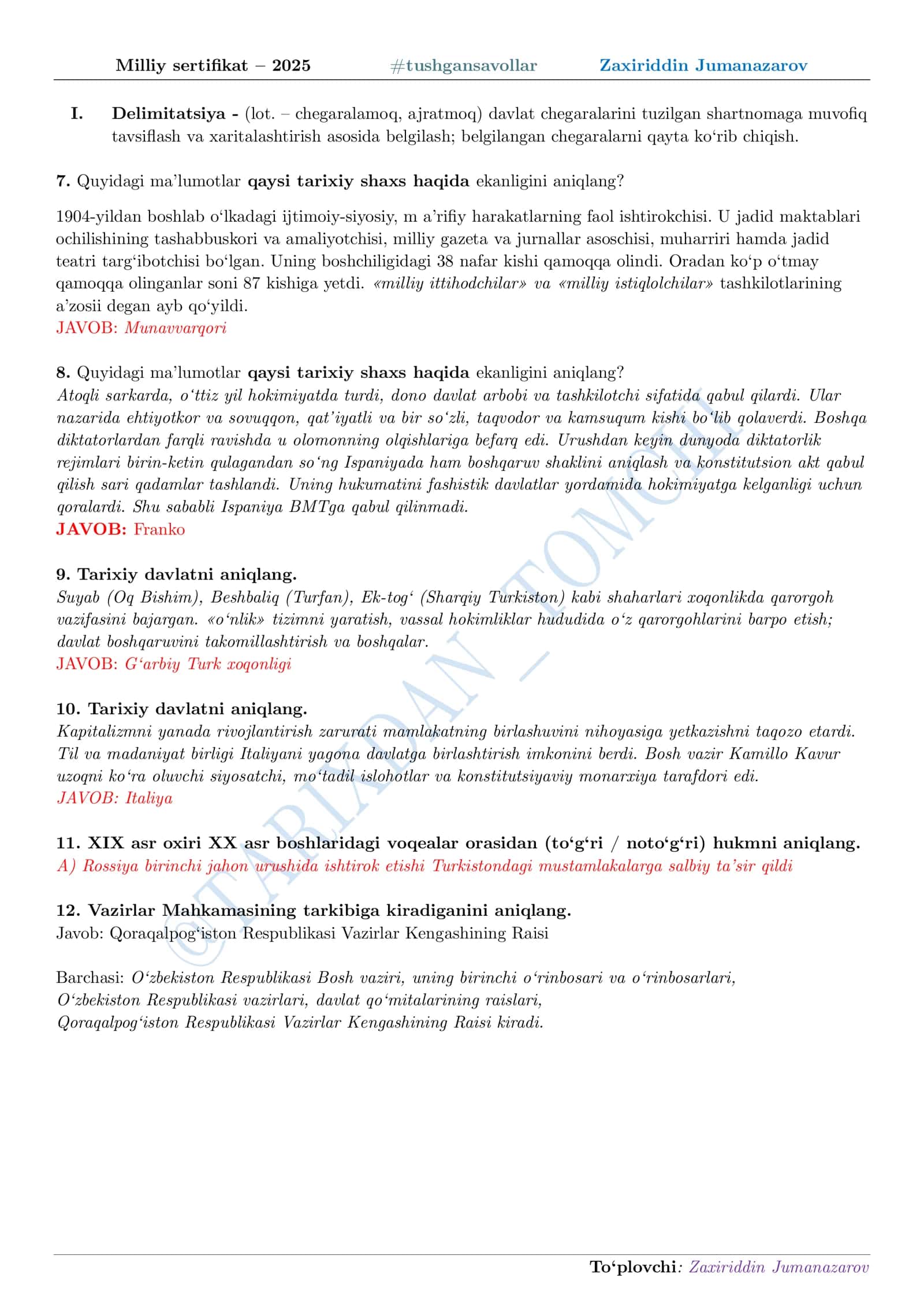 Milliy sertifikat – 2025 #tushgansavollar Zaxiriddin Jumanazarov 2