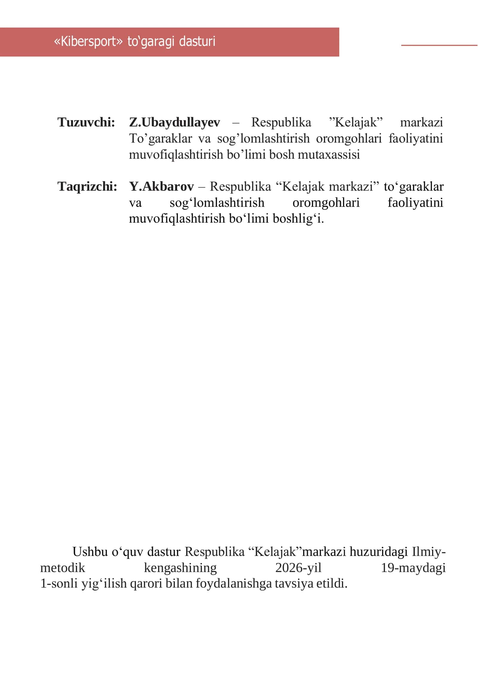 «Kibersport» to‘garagi dasturi 2