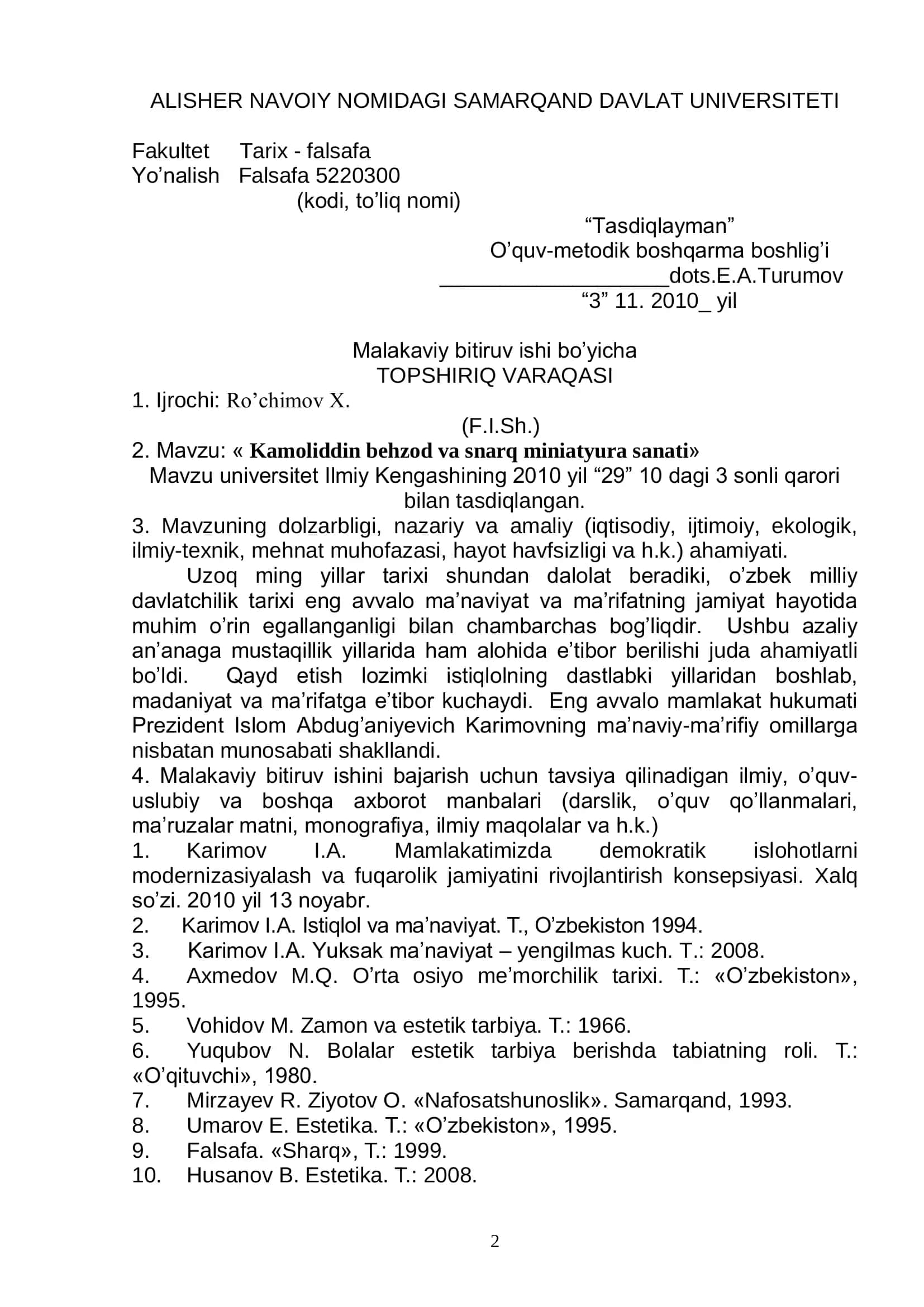 Malakaviy bitiruv ishi "Kamoliddin Behzod va Samarqand miniatyura san'ati" 2