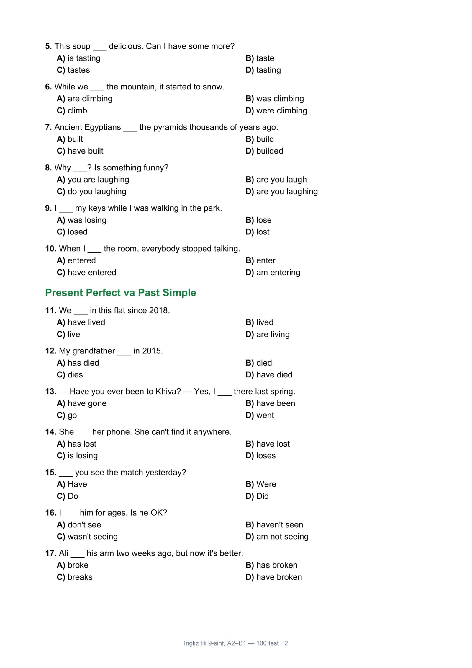 Ingliz tili 9-sinf, A2–B1 2