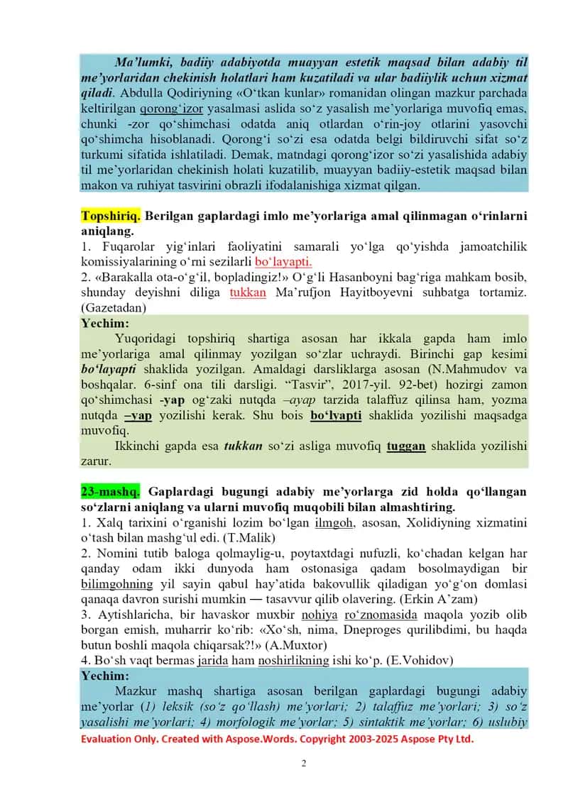 DARSLIK TARKIBIDAGI MASHQLAR TAHLILI, YECHIMLAR, KO‘RSATMALAR VA IZOHLAR 2