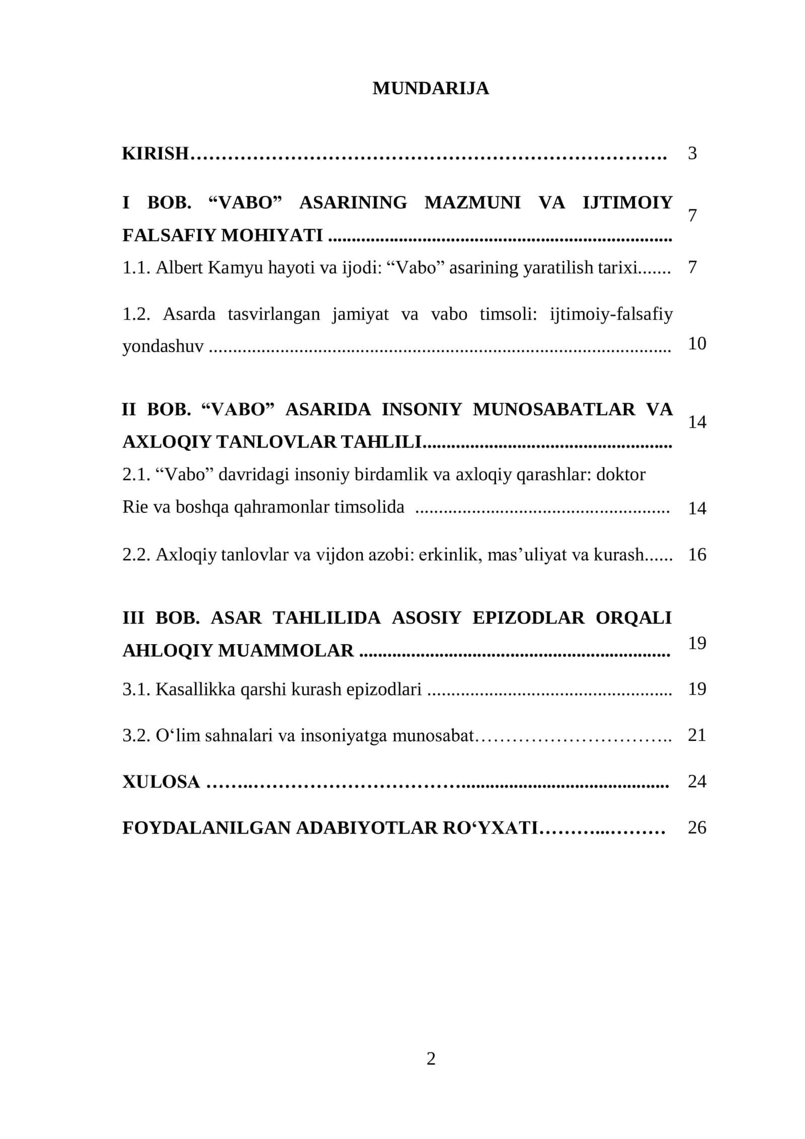 Albert Kamyuning “Vabo” asaridagi insoniy munosabatlar va axloqiy tanlovlar KURS ISHI 2