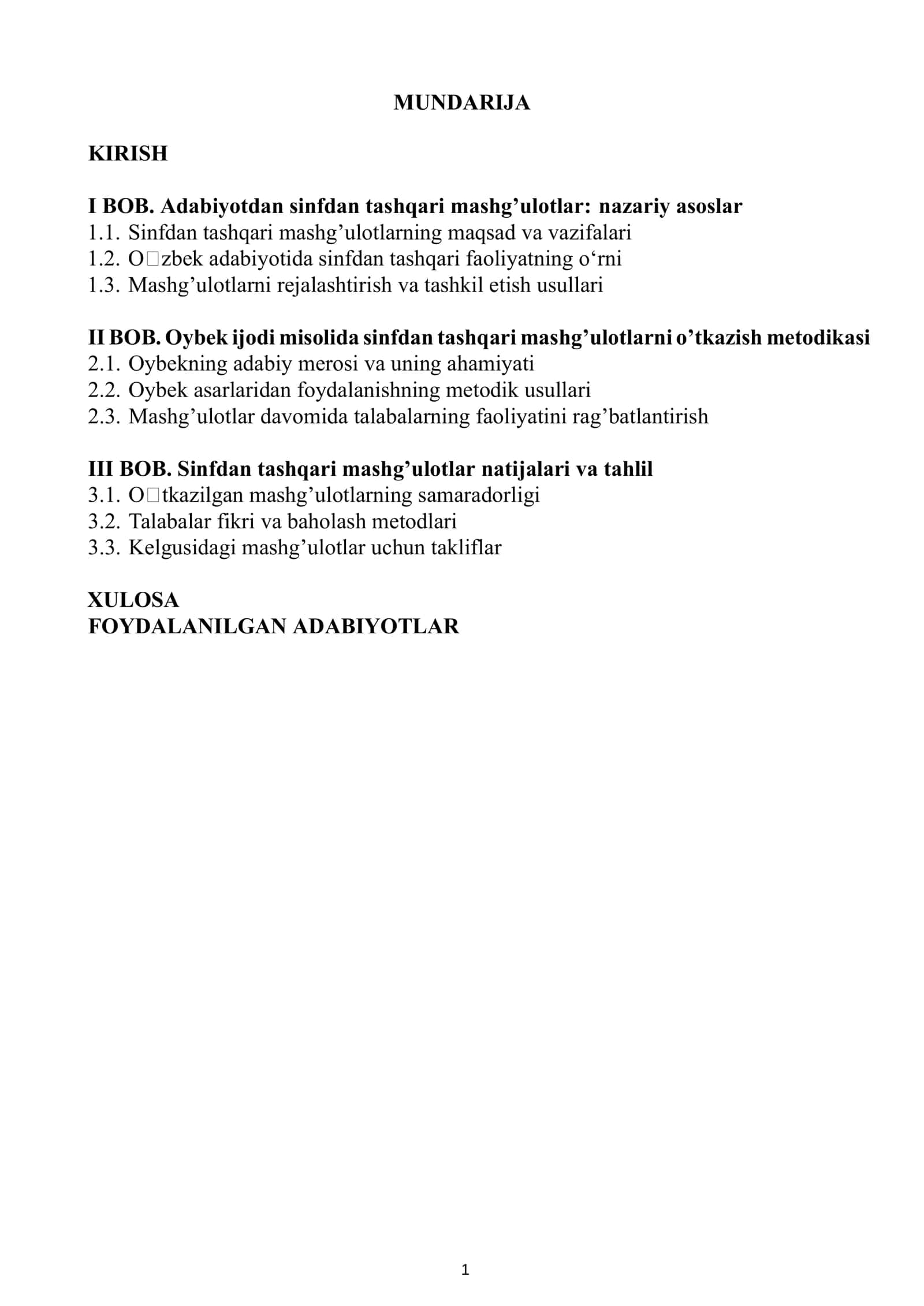 OʻZBEK ADABIYOTINI OʻQITISH METODIKASI FANIDAN TAYYORLAGAN KURS ISHI 2