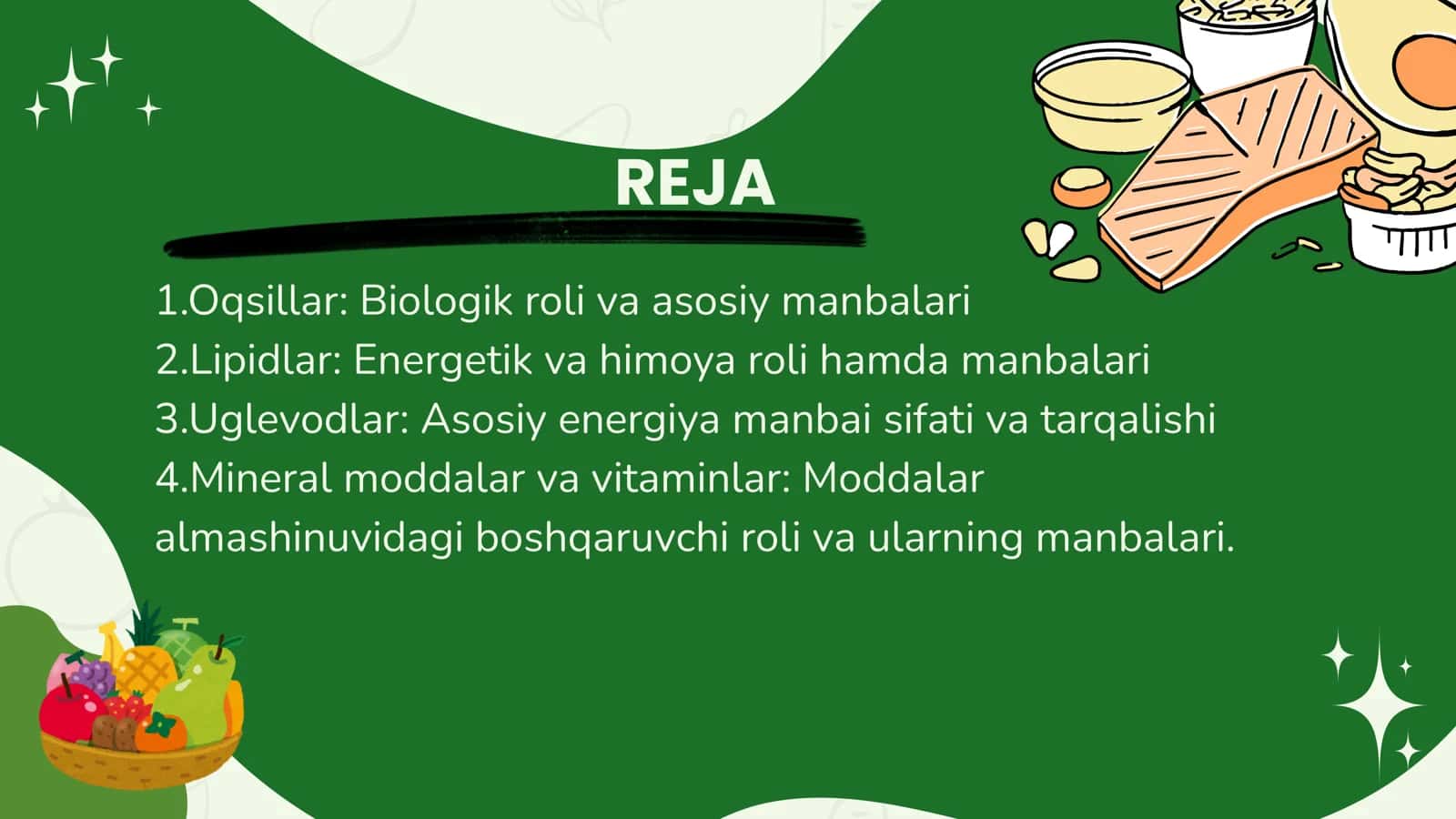 Asosiy oziqaviy moddalar-oqsillari,yog'lar,karbonsuvlar,mineral moddalar va vitaminlarning biologik roli va asosiy manbalari 2