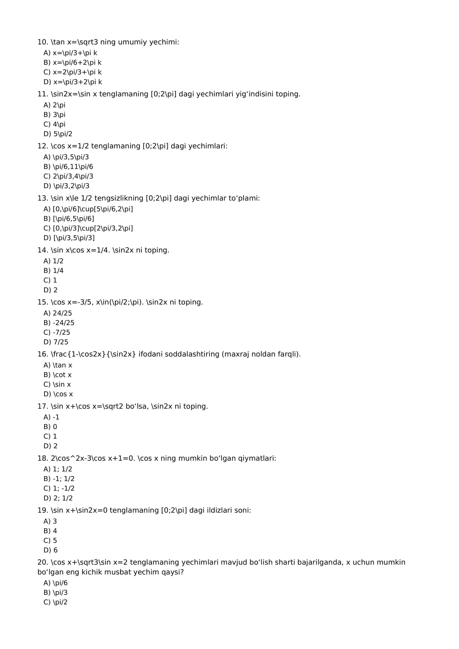 Argos matematika 10-11 sinflar uchun misol test namunalar 2