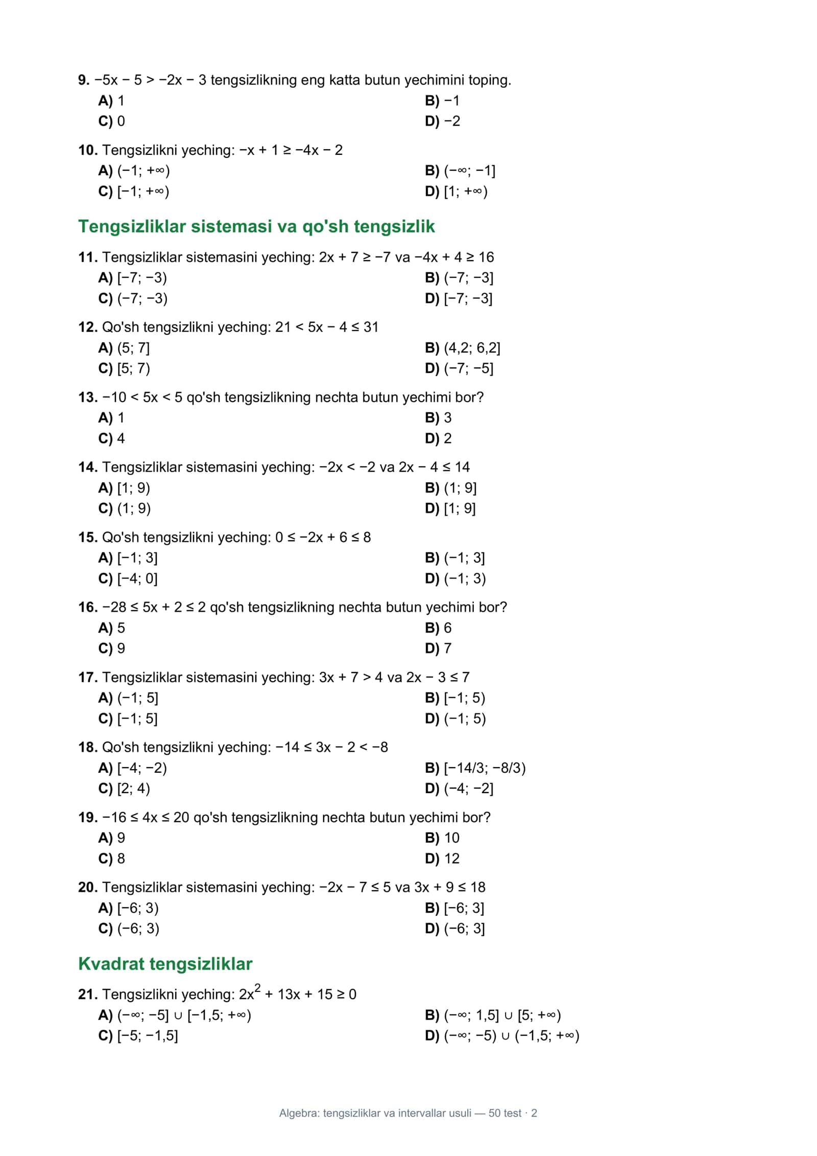 Algebra: Tengsizliklar va intervallar usuli 2