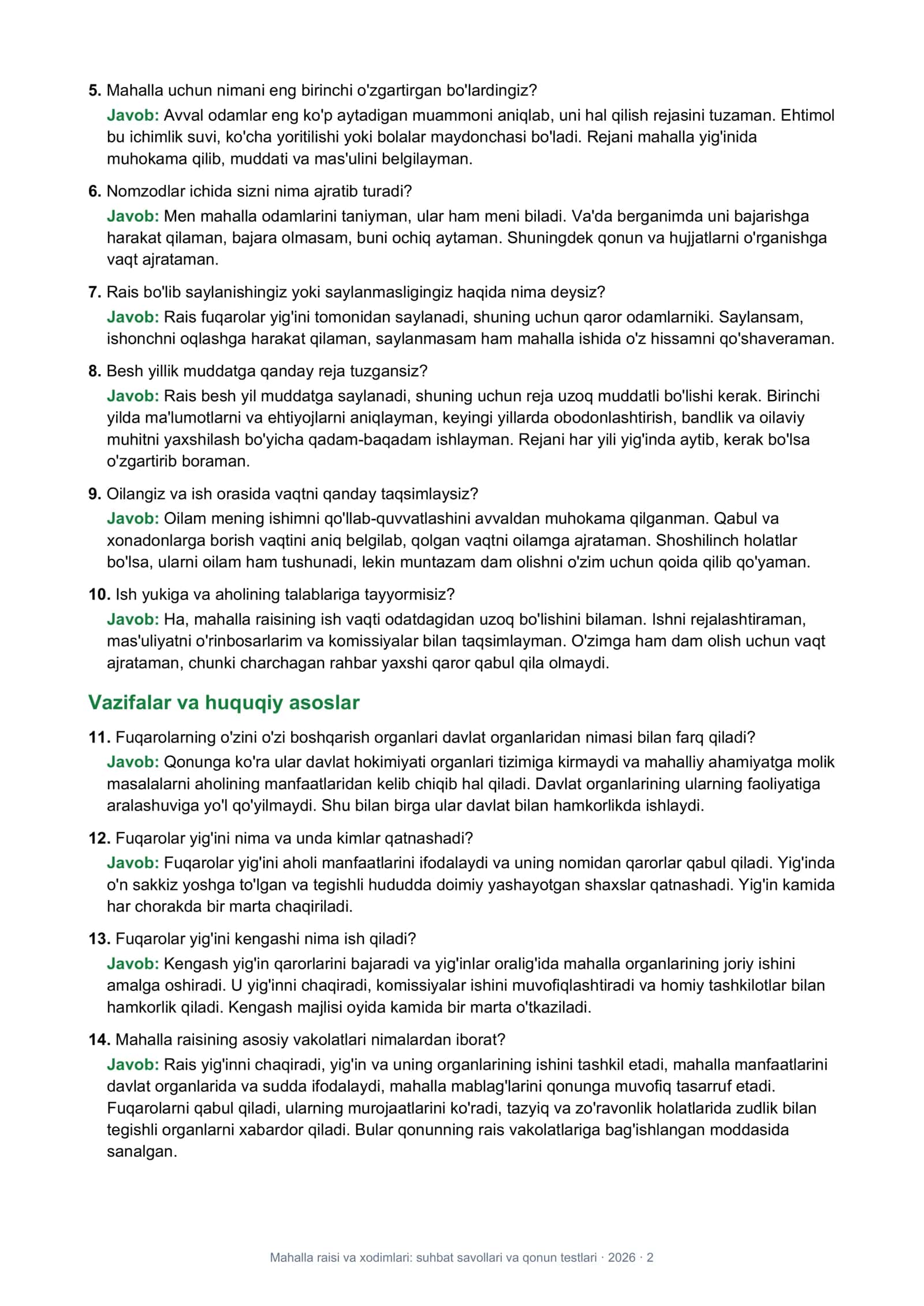 Mahalla raisi va xodimlari: suhbat savollari va qonun testlari 2
