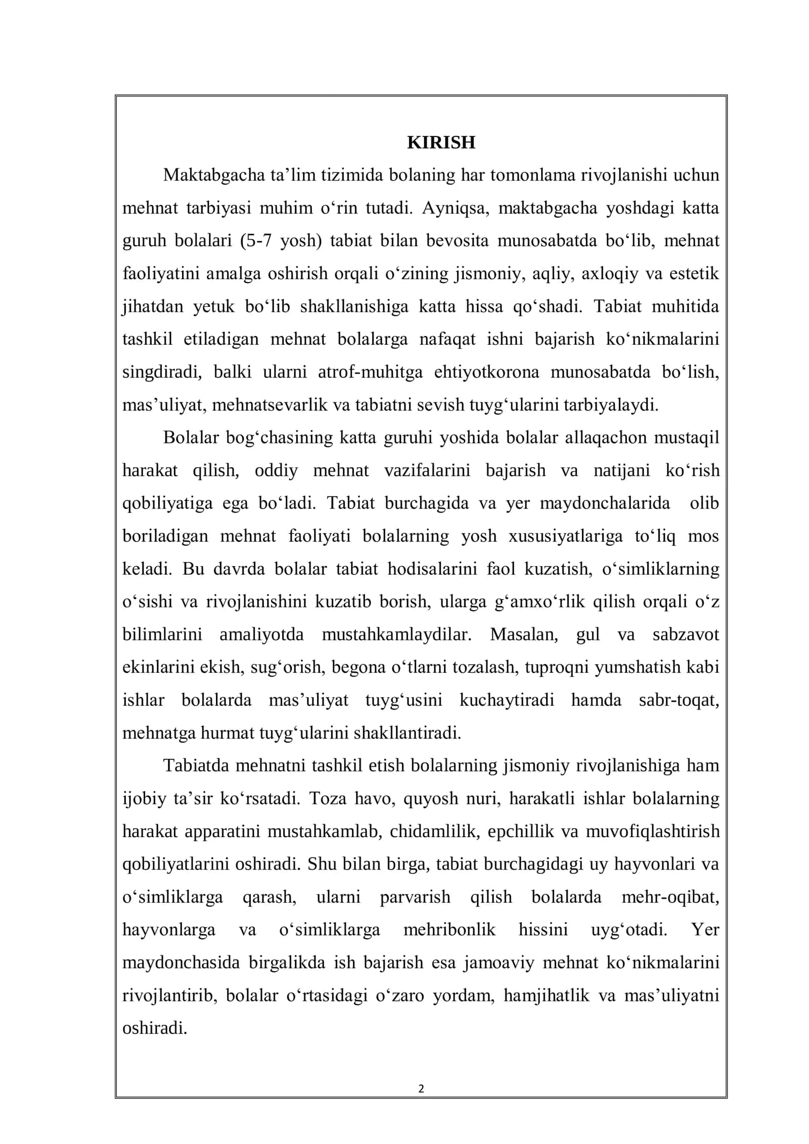 Maktabgacha yoshdagi bolalariga tabiatda mehnatlarini tashkil etish reja 2