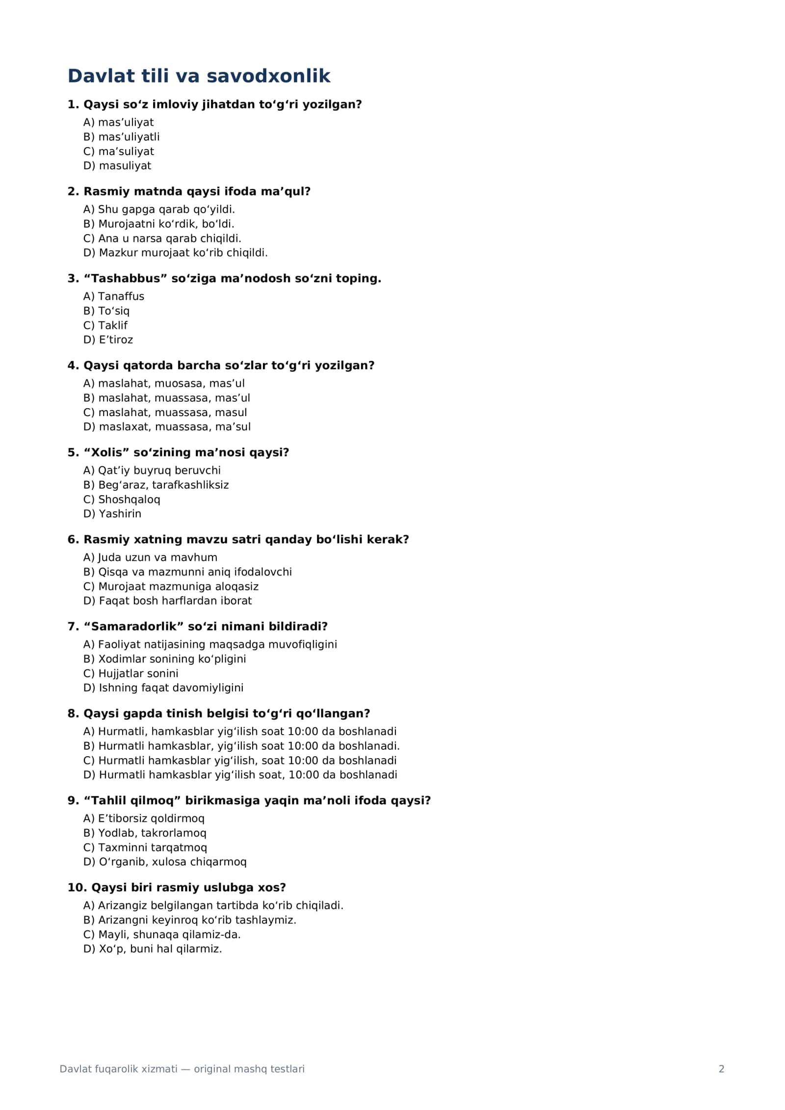 Davlat fuqarolik xizmati uchun 150 ta original test — PDF 2