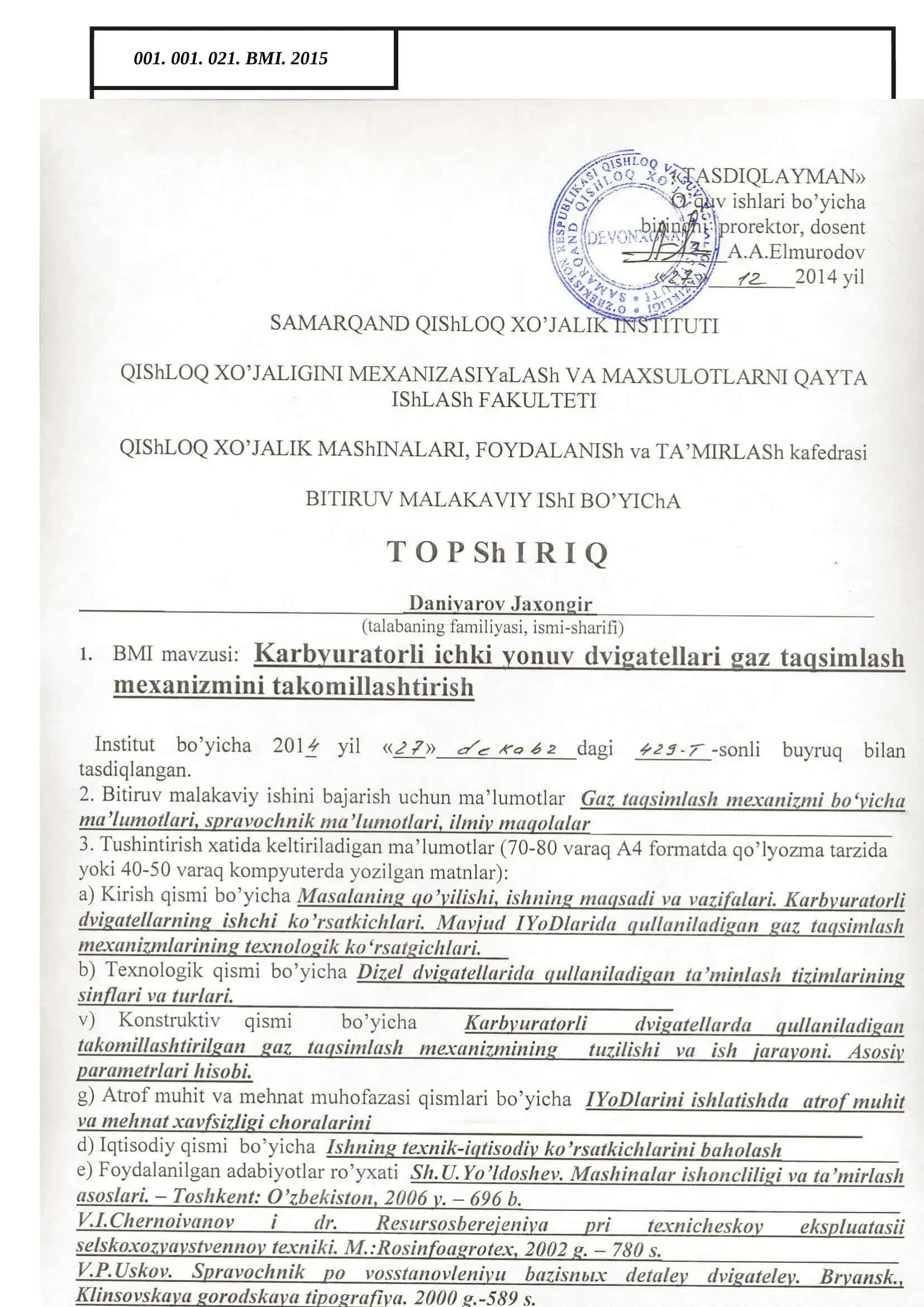 Karbyuratorli ichki yonuv dvigatellari gaz taqsimlash mexanizmini takomillashtirish 2