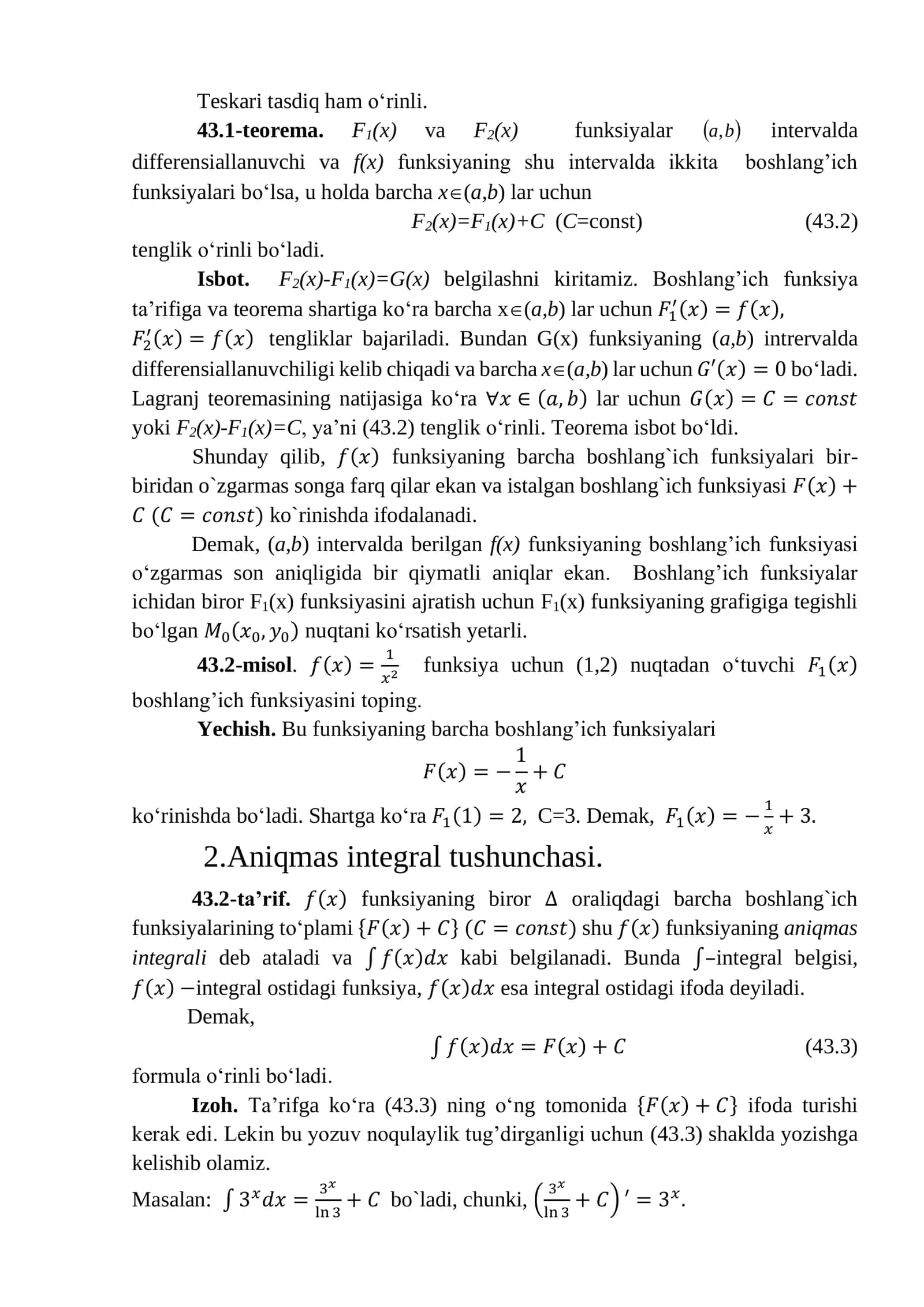 Aniqmas integralning ta'rifi, asosiy xossalari va integrallash jadvali 2