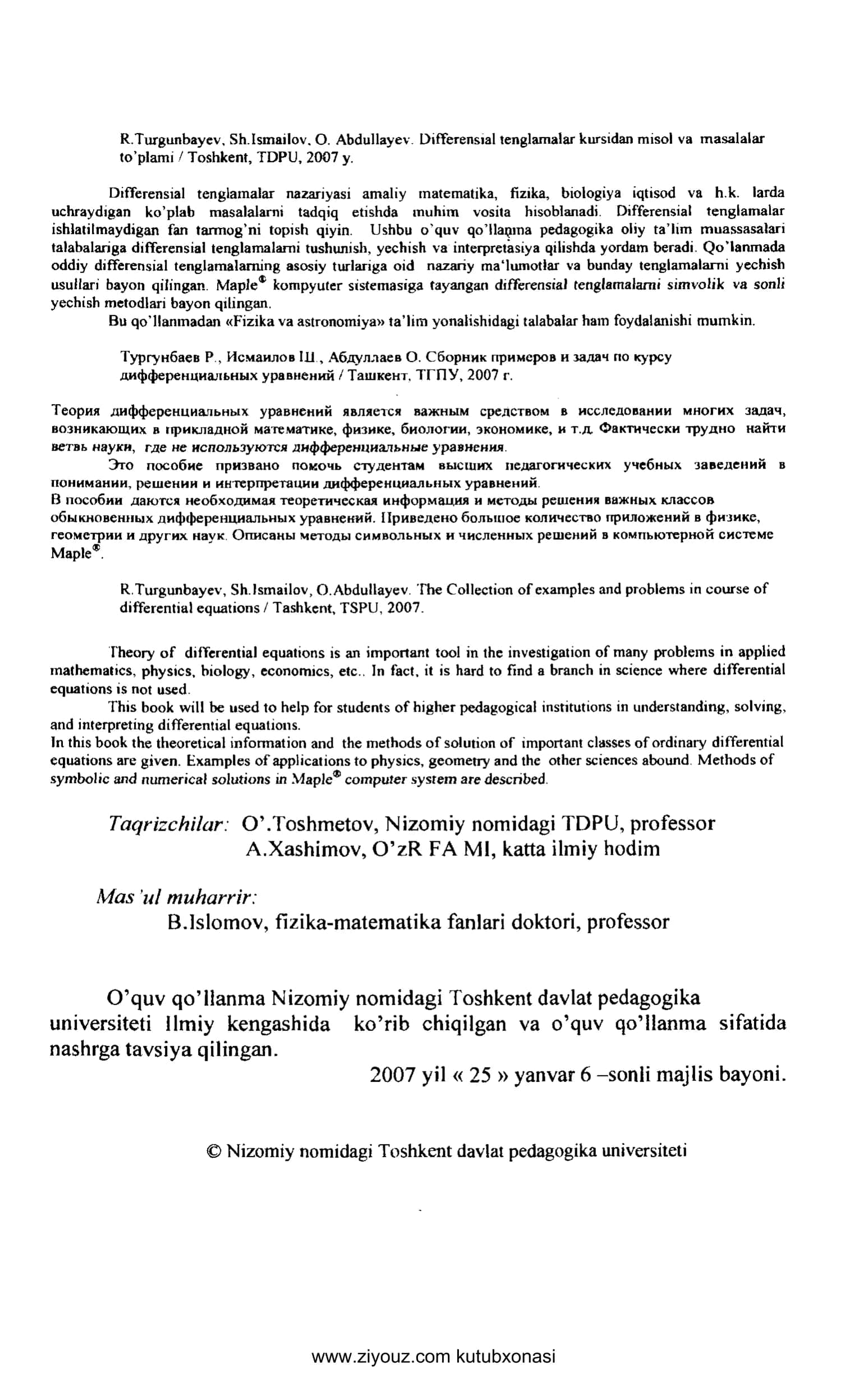 DIFFERENSIAL TENGLAMALAR KURSIDAN MISOL VA MASALALAR TO‘PLAMI 2