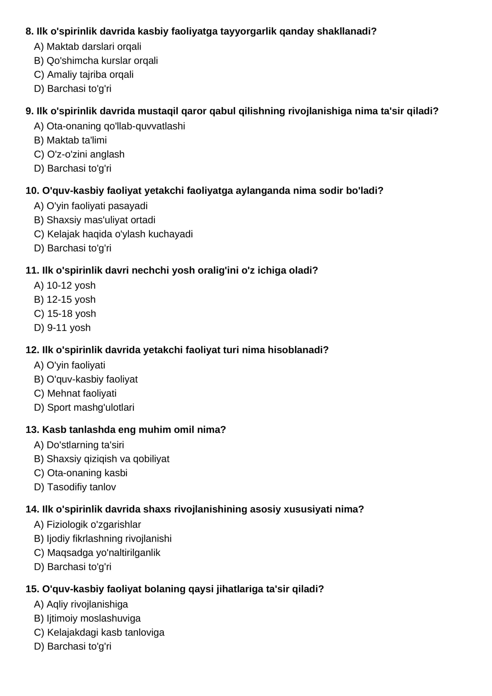 Ilk O'spirinlik Davrida O'quv-Kasbiy Faoliyat Test Savollari 2
