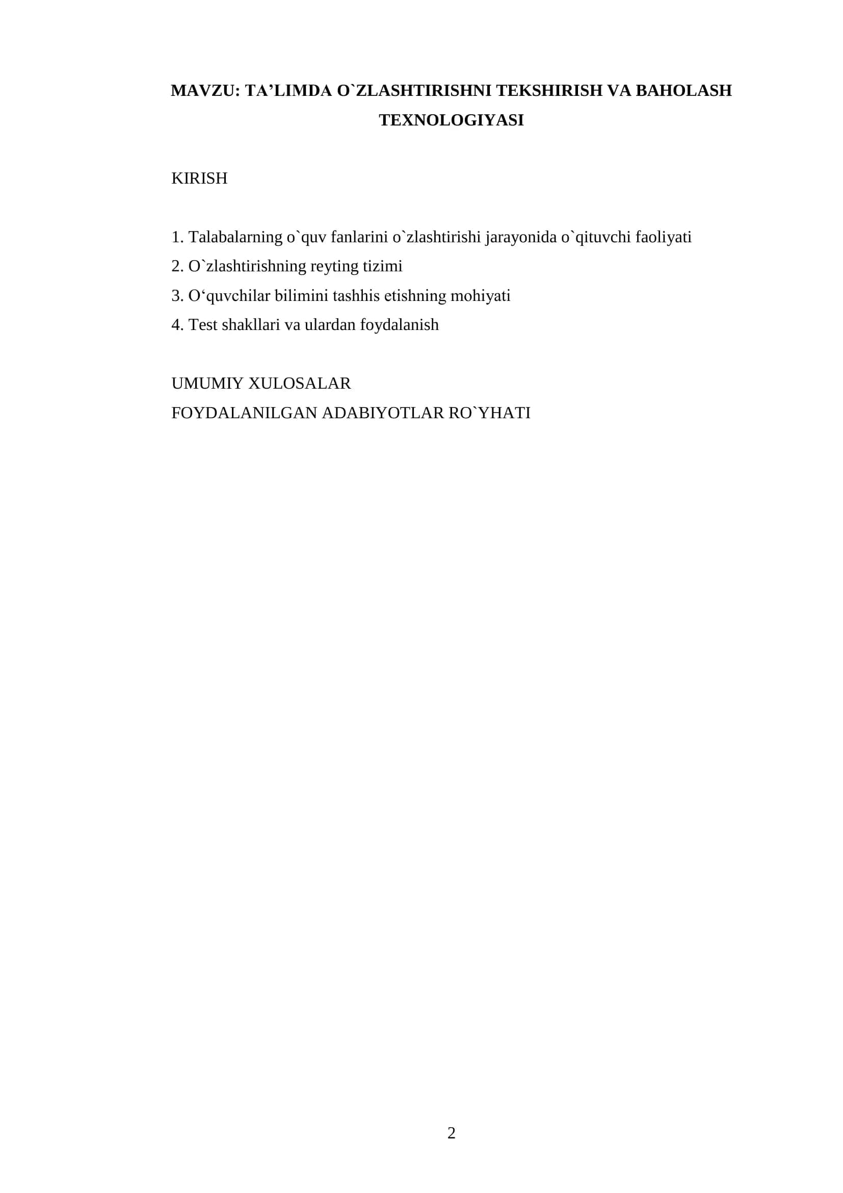 TA’LIMDA O`ZLASHTIRISHNI TEKSHIRISH VA BAHOLASH TEXNOLOGIYASI 2