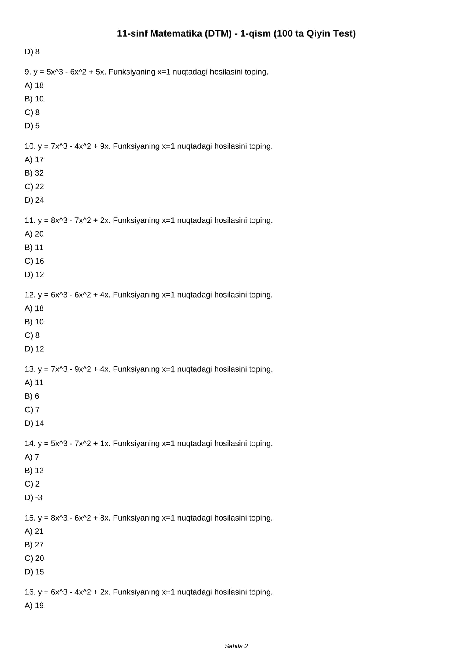 11-sinf Matematika (DTM) - 1-qism (100 ta Qiyin Test) 2