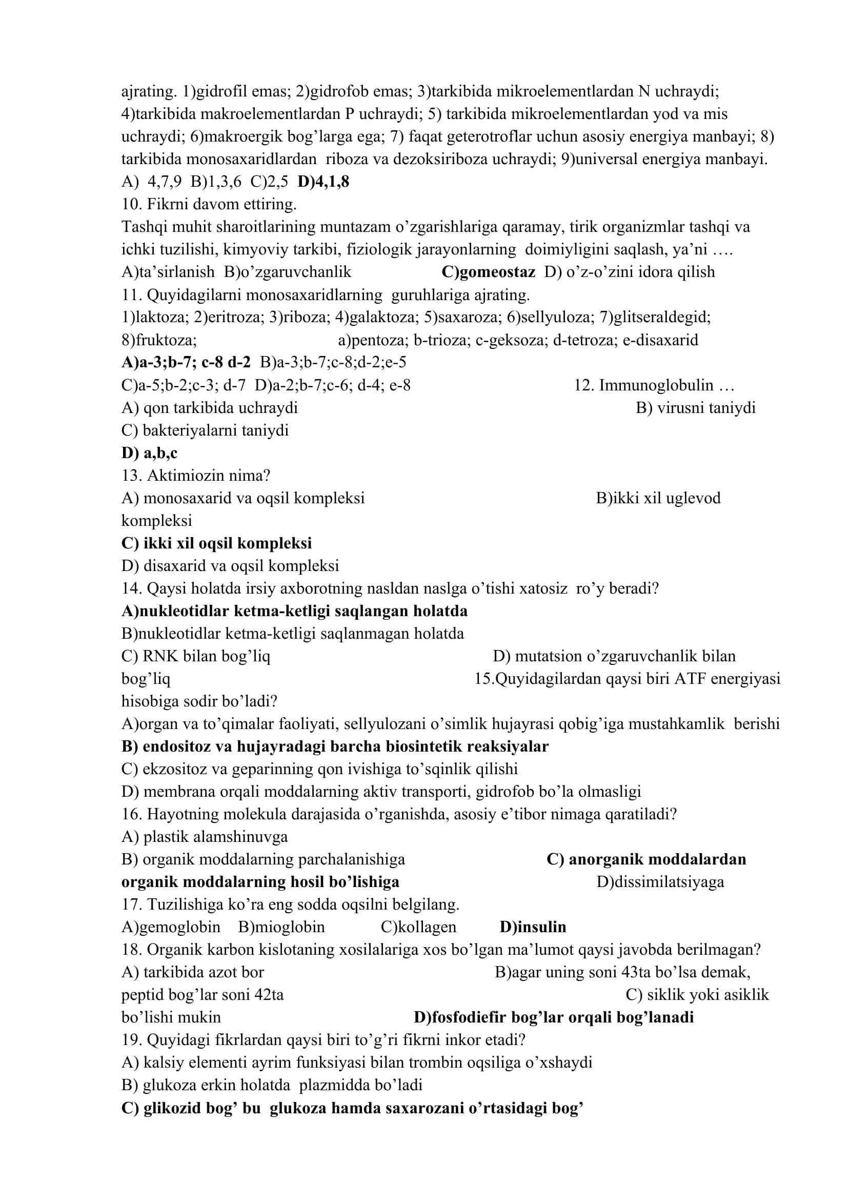 10 sinf biologiyadan mavzulashtirilgan eksklyuziv testlar bazasi 2