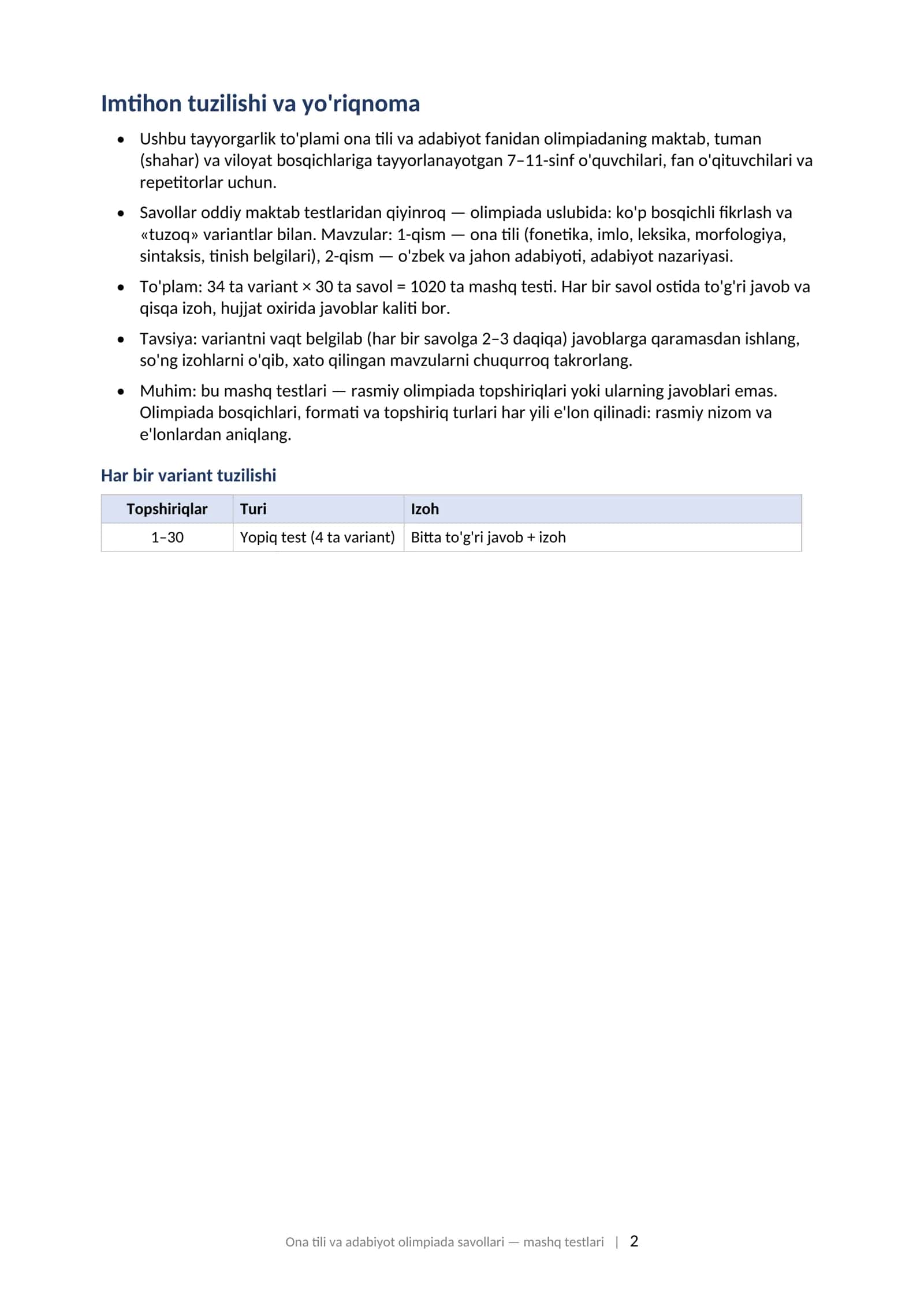 Olimpiada savollari 2026 ona tili va adabiyot 7-11-sinf javoblari bilan tayyorgarlik toplami  FAN OLIMPIADASI: ONA TILI VA ADABIYOT 7–11-sinflar uchun olimpiada savollari — tayyorgarlik to'plami (mashq testlari), javoblari va izohlari bilan, 2026 2