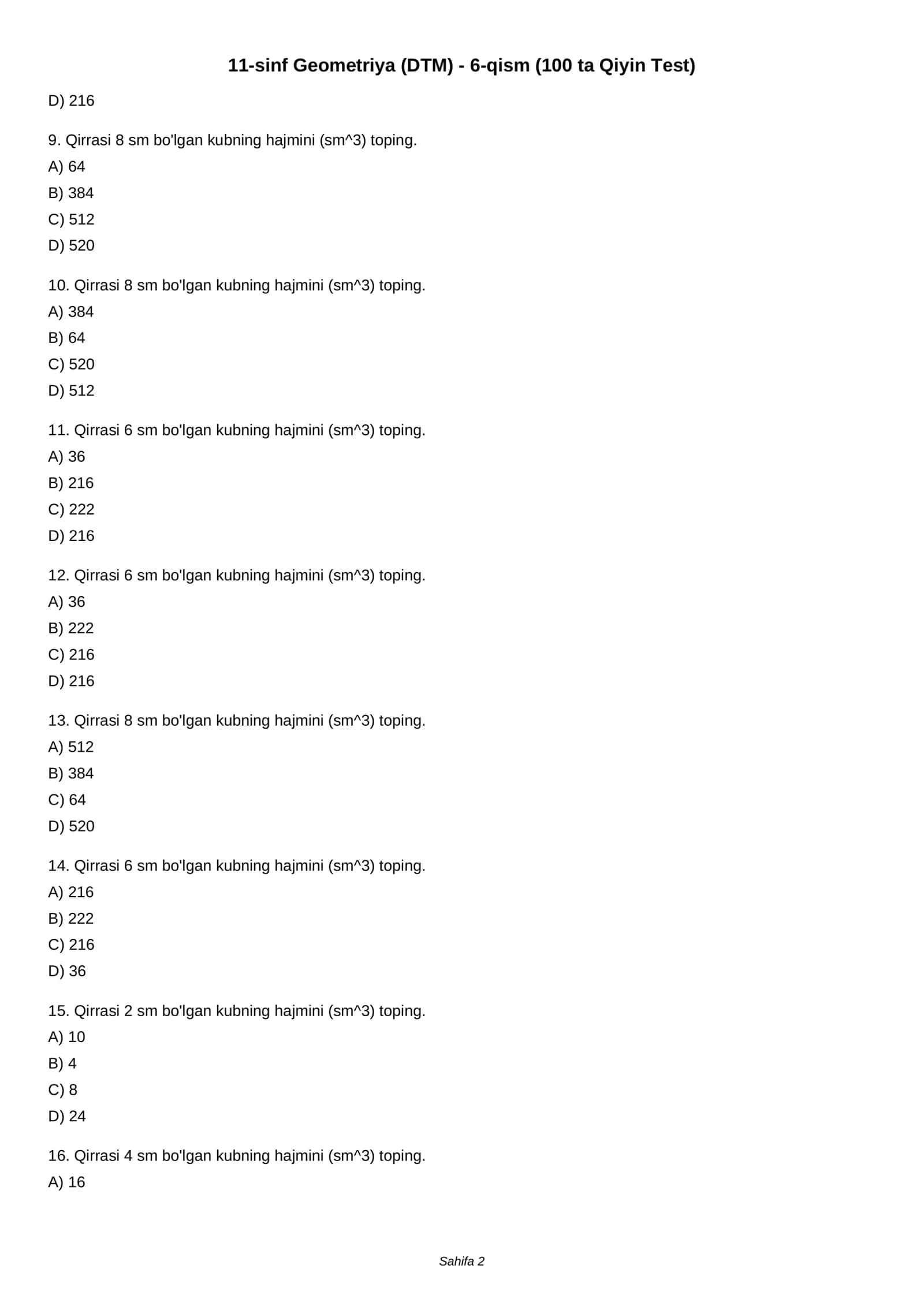 11-sinf Geometriya (DTM) - 6-qism (100 ta Qiyin Test) 2