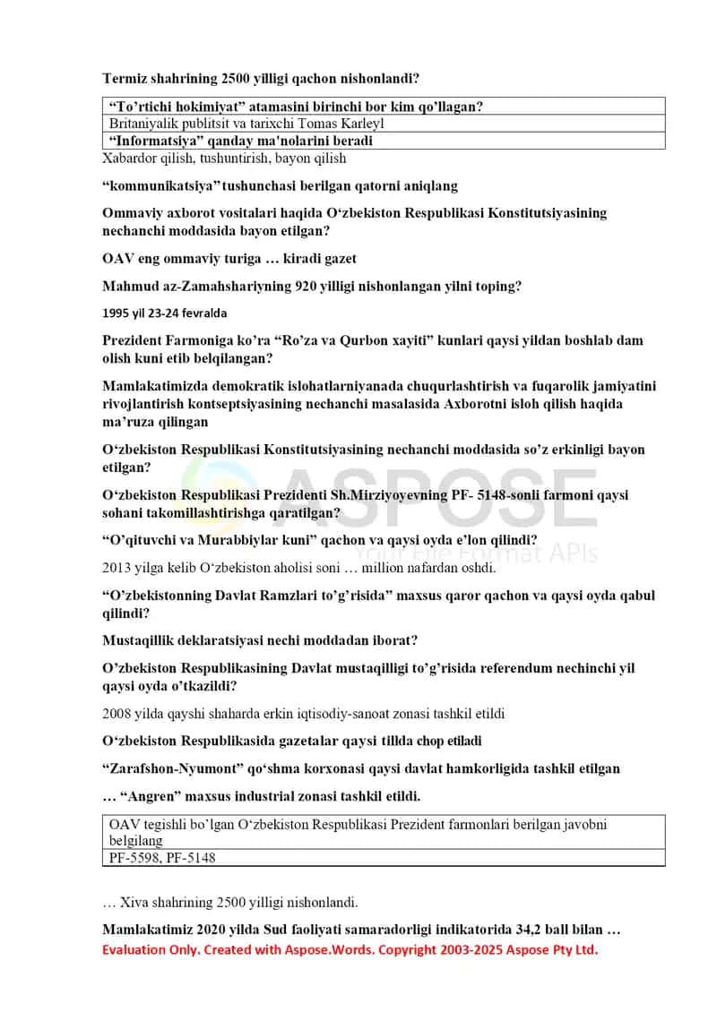 O‘zbekiston Respublikasi tarixi va qonunchiligi savol-javoblar to‘plami 2