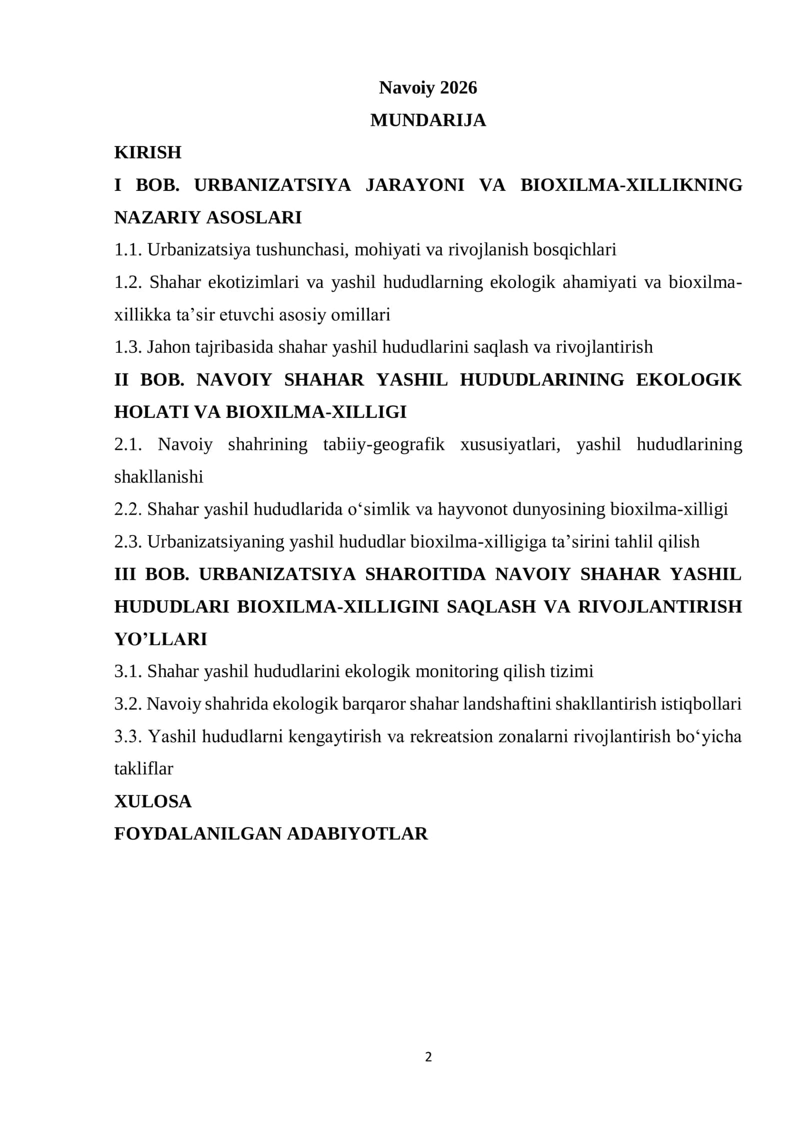 URBANIZATSIYA JARAYONINING NAVOIY SHAHAR YASHIL HUDUDLARI BIOXILMA- XILLIGIGA TA'SIRI 2