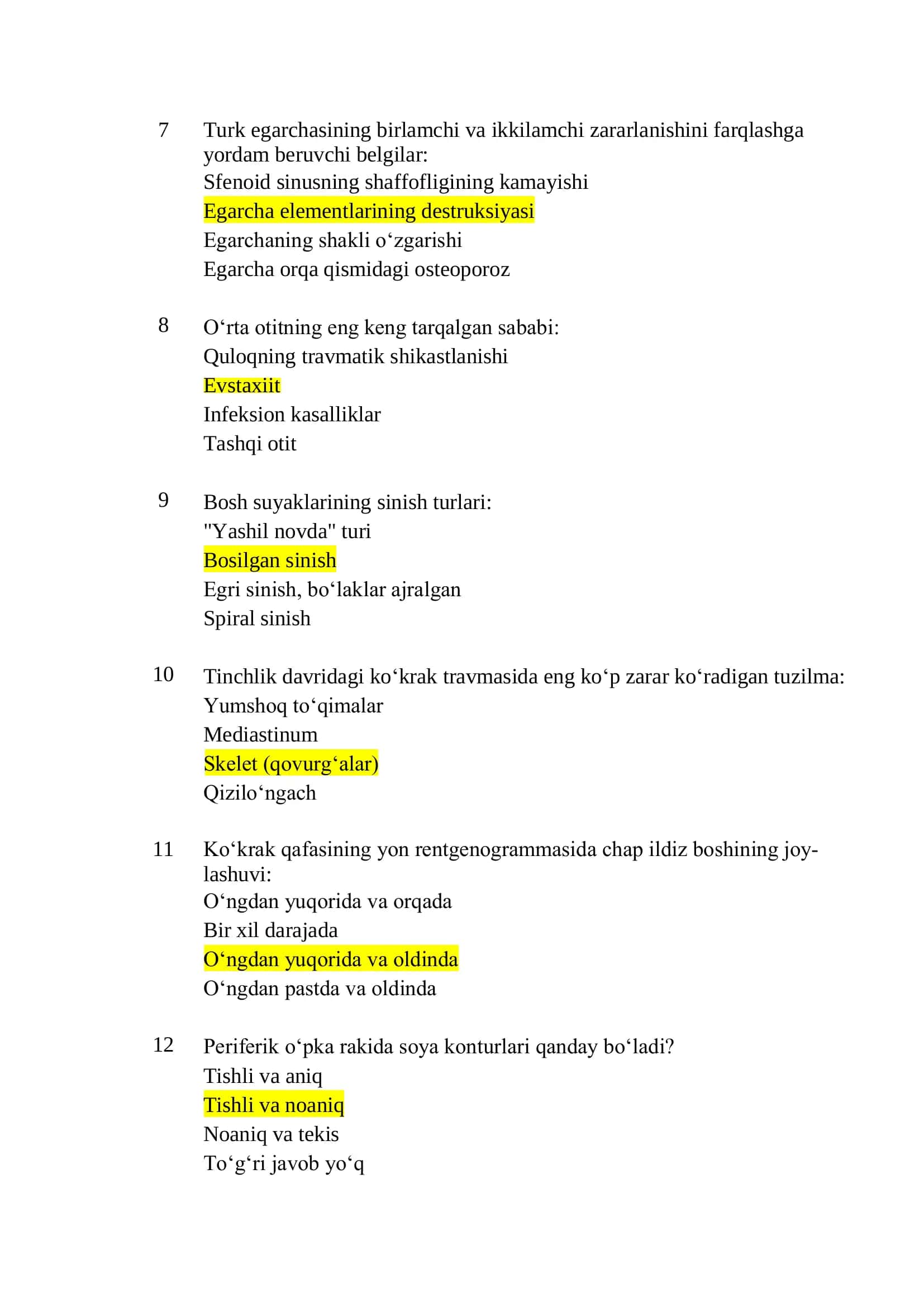 Rentgenologiya mutaxassisligi boʻyicha shakllantirilgan test savollari roʻyxati 2