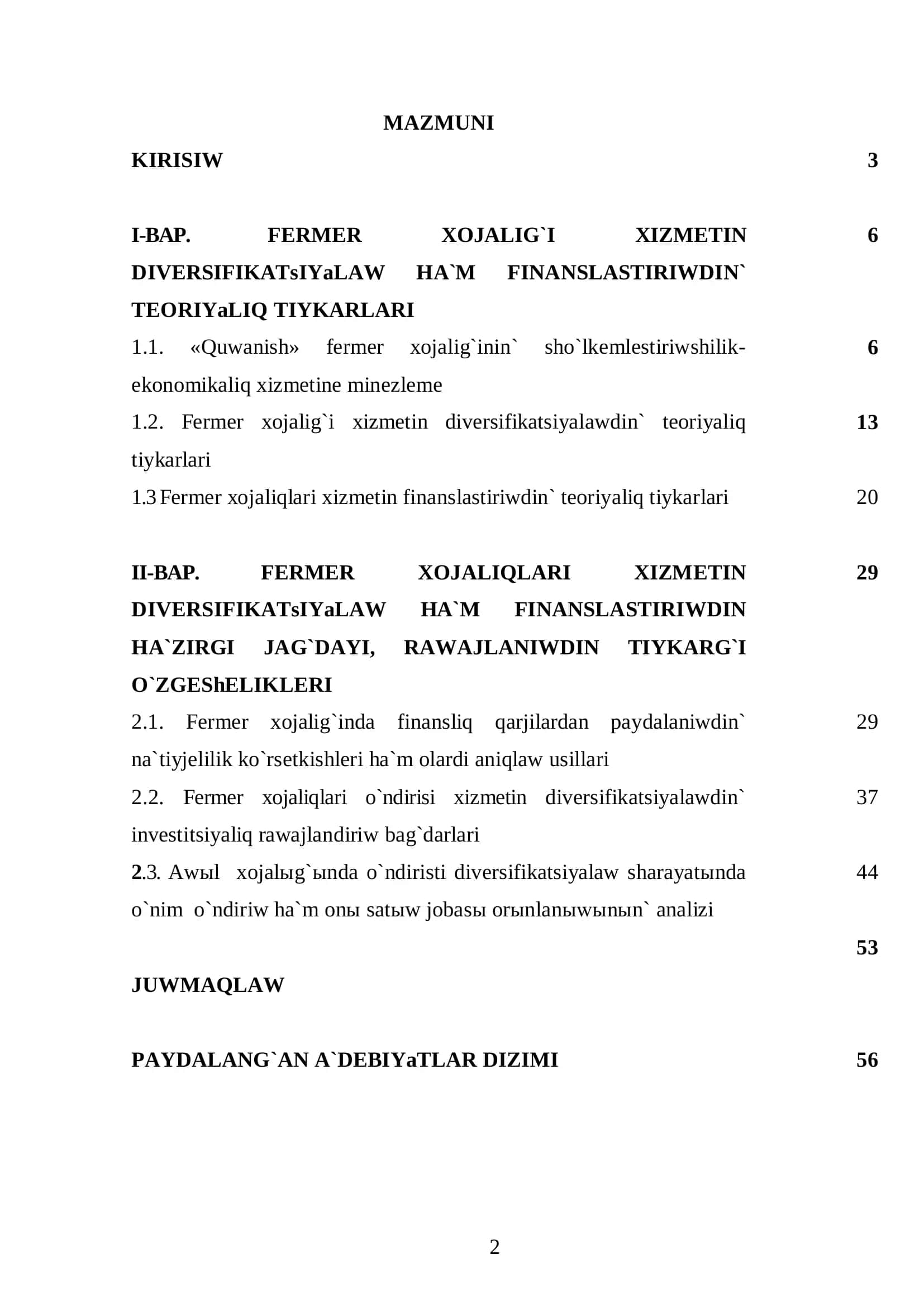 Fermer xojalig'ini diversifikatsiyalaw ha`m finanslastirish 2