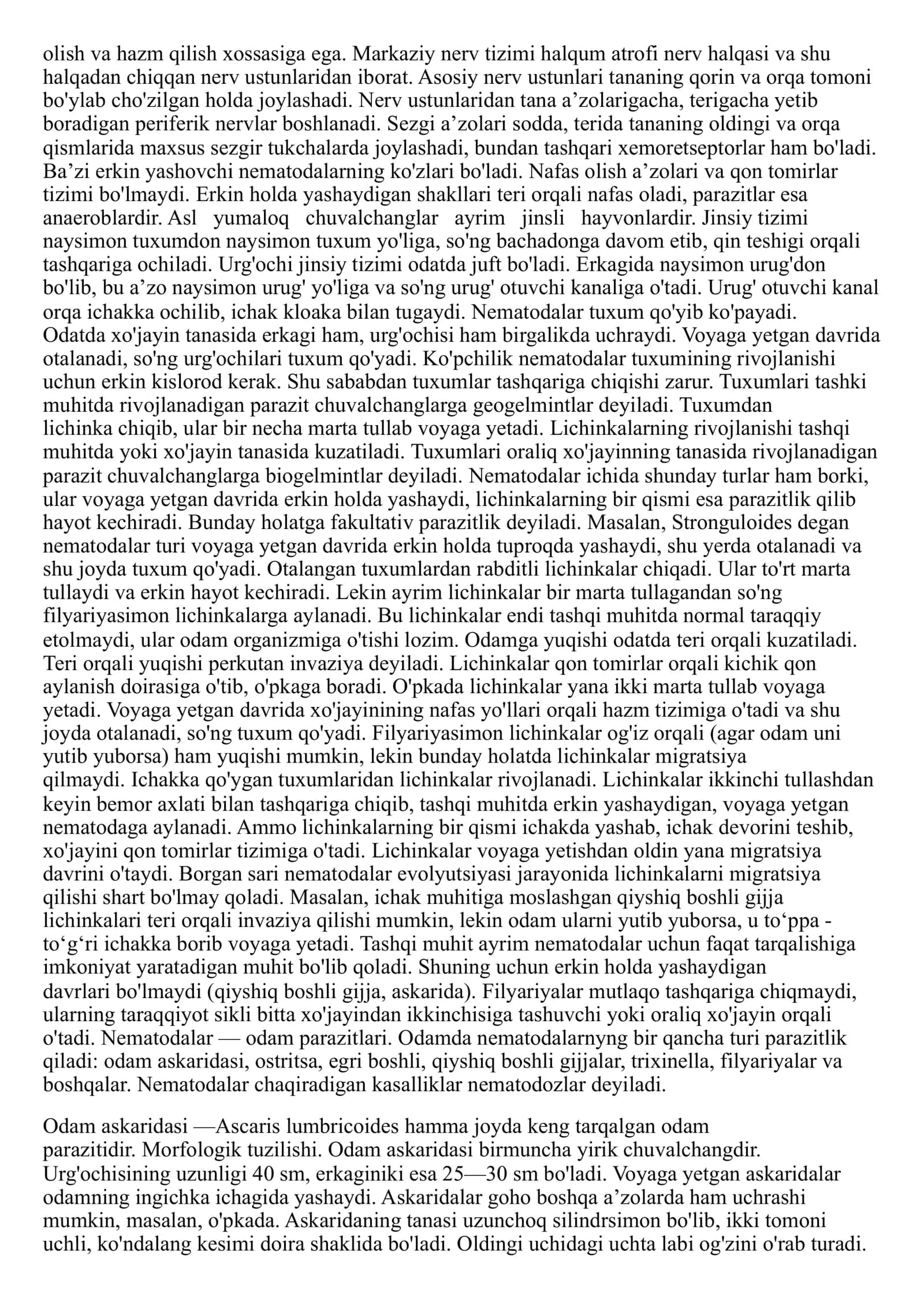 Yumaloq chuvalchanglar: Askarida , Ostritsa , egri boshli gijja , qil boshli gijja 2