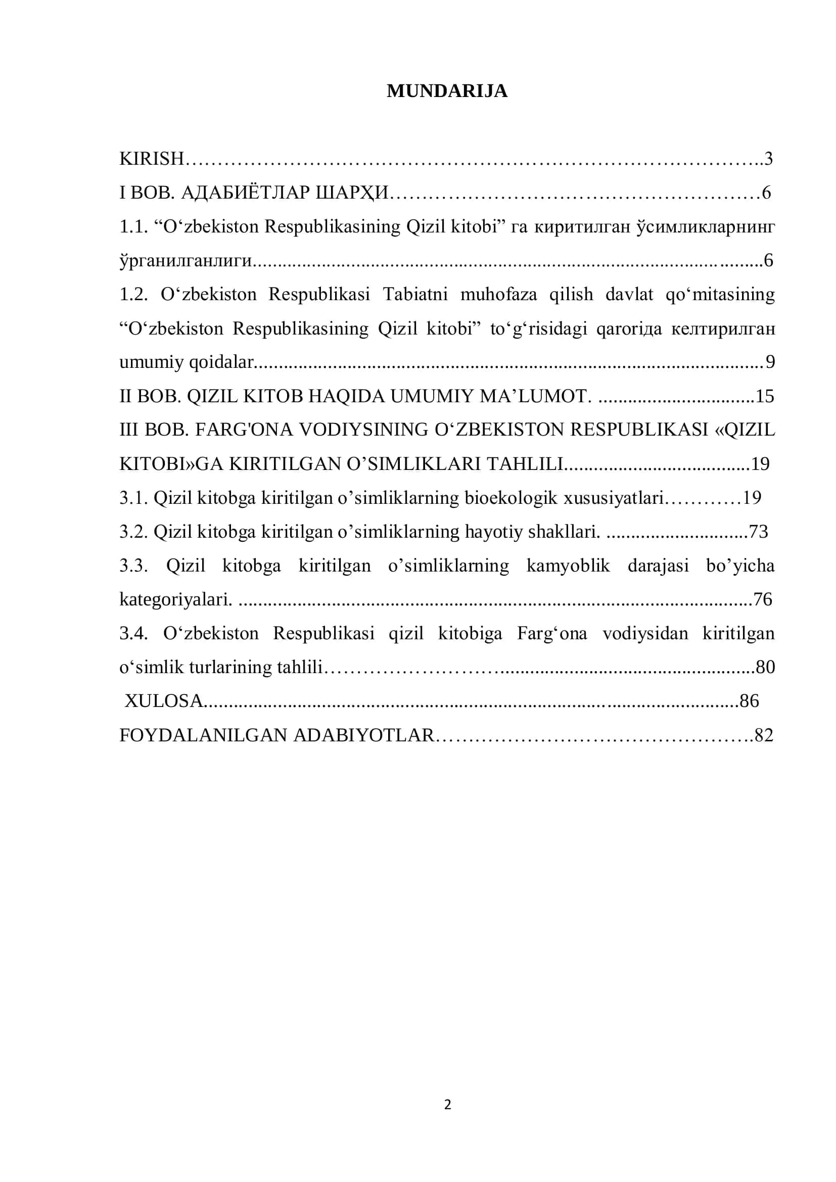 O'zbekiston Respublikasi Qizil Kitobiga Kiritilgan O' simliklarning Ko'rsatkichlarini Qiyosiy O'rganish (Farg'ona Vodiysi Misolida) Bitiruv Malakaviy Ish 2