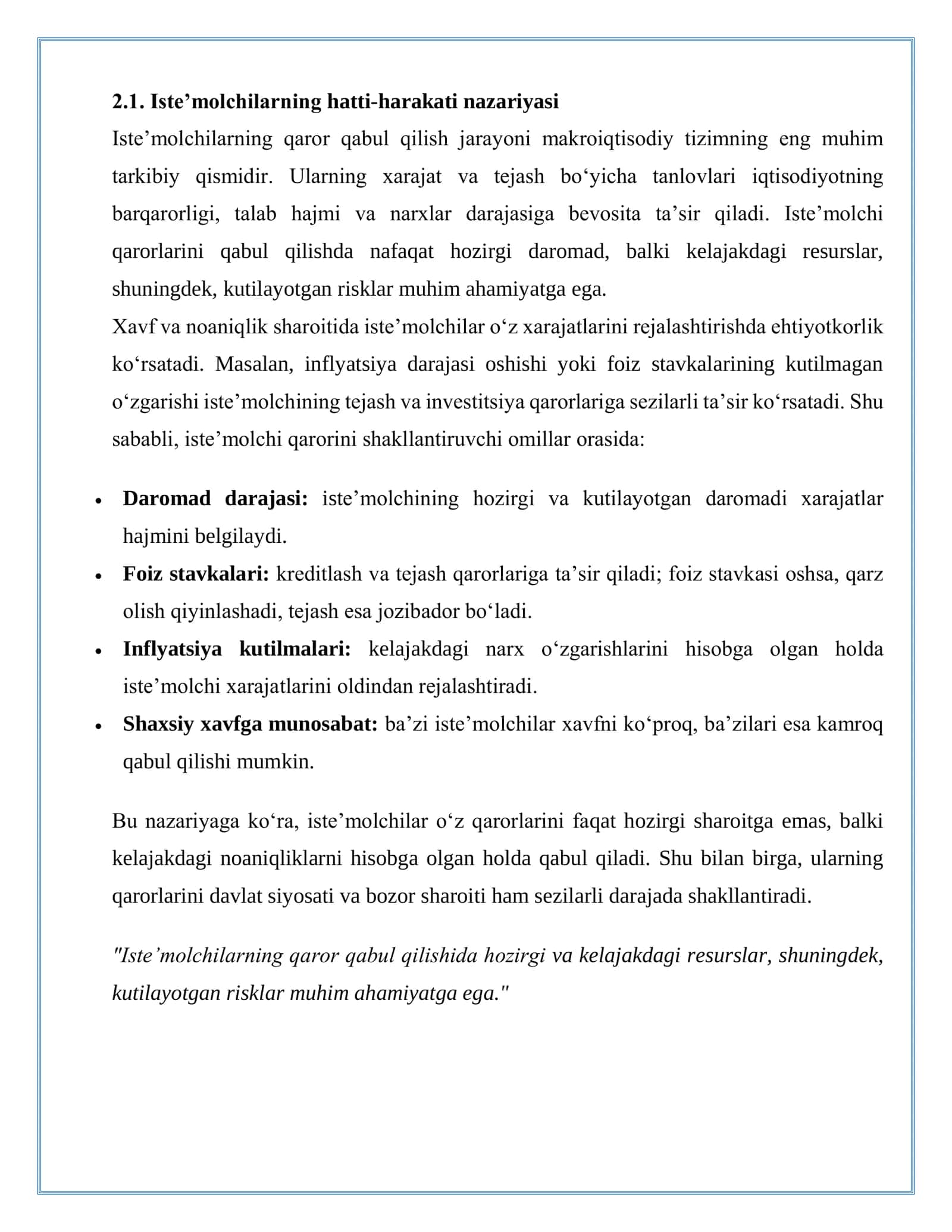 Dinamik makroiqtisodiyot va iste’molchilarning qaror qabul qilishi 2