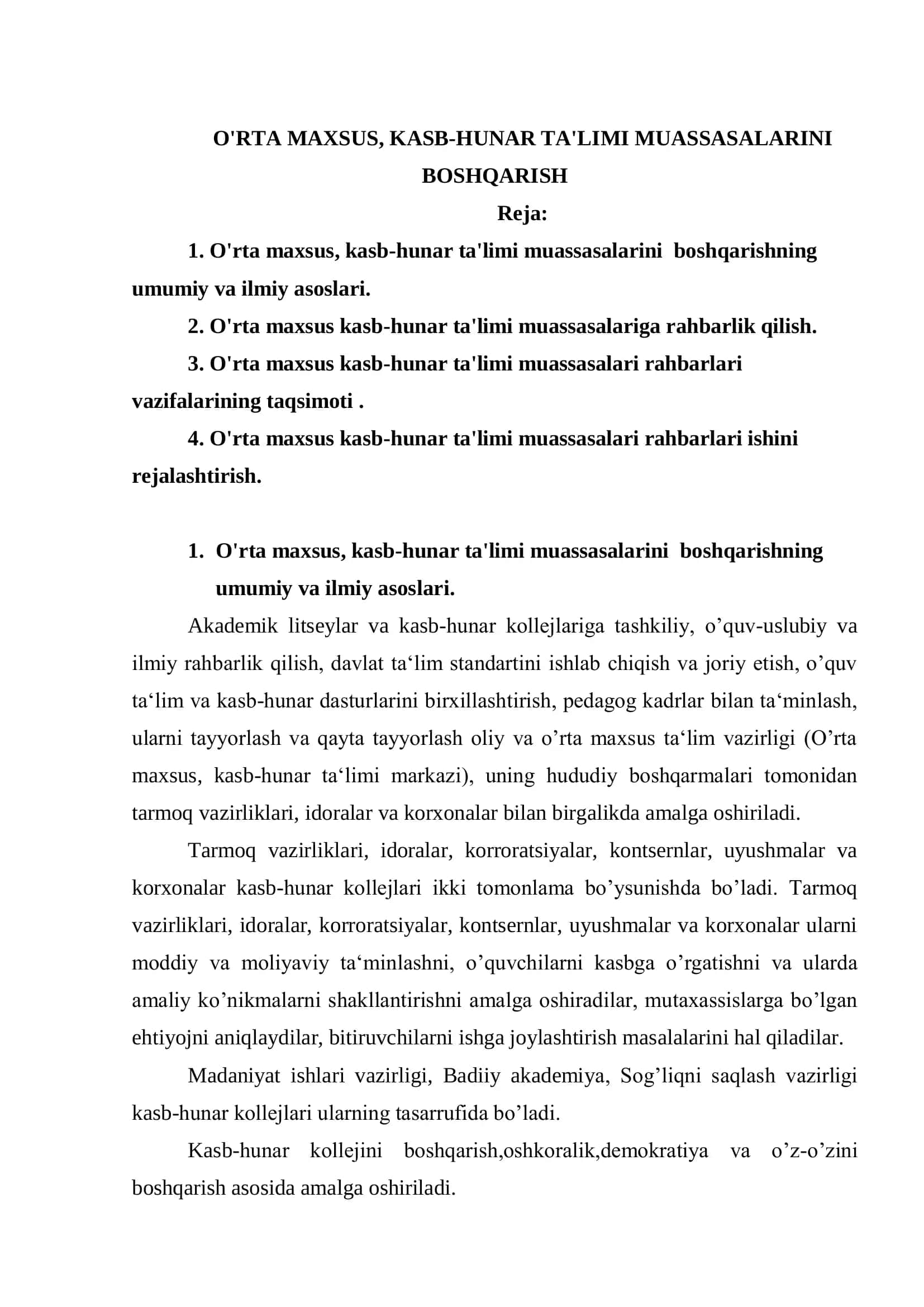 O'RTA MAXSUS, KASB-HUNAR TA'LIMI MUASSASALARINI BOSHQARISH 2