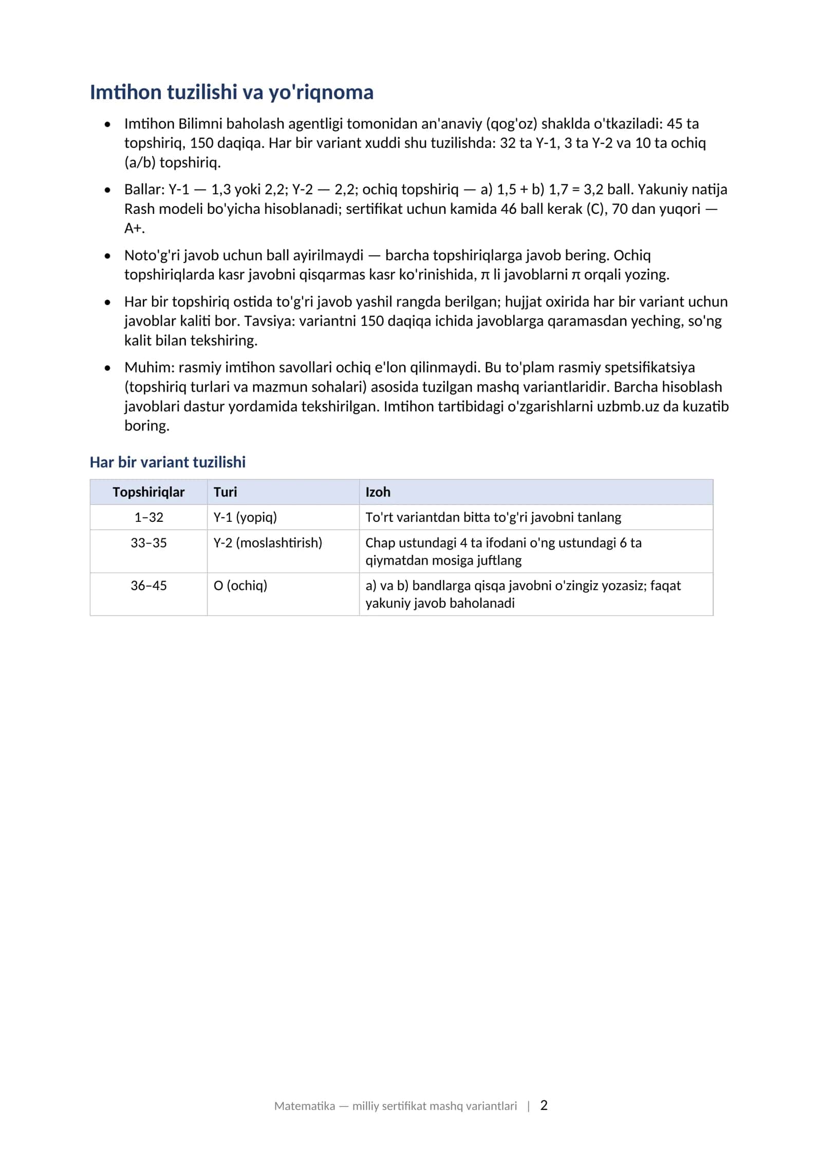 MATEMATIKA Milliy sertifikat imtihoniga tayyorgarlik: variantlar to'plami (2025–2026) 23 ta variant • 1035 ta topshiriq • javoblari bilan 2