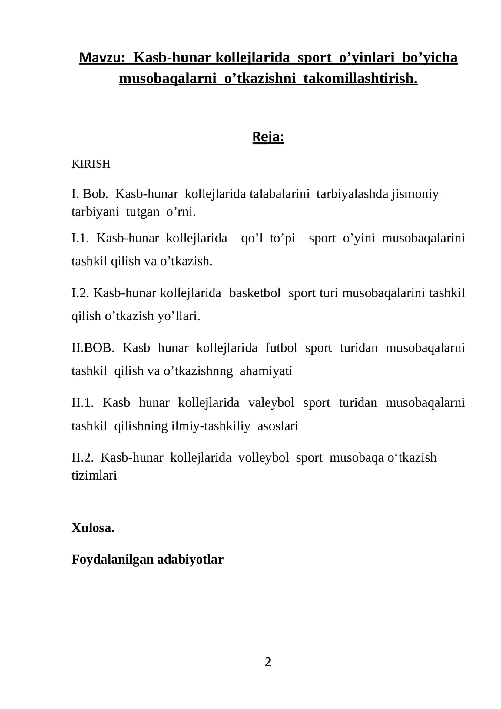 Kasb-hunar kollejlarida sport o’yinlari bo’yicha musobaqalarni o’tkazishni takomillashtirish 2