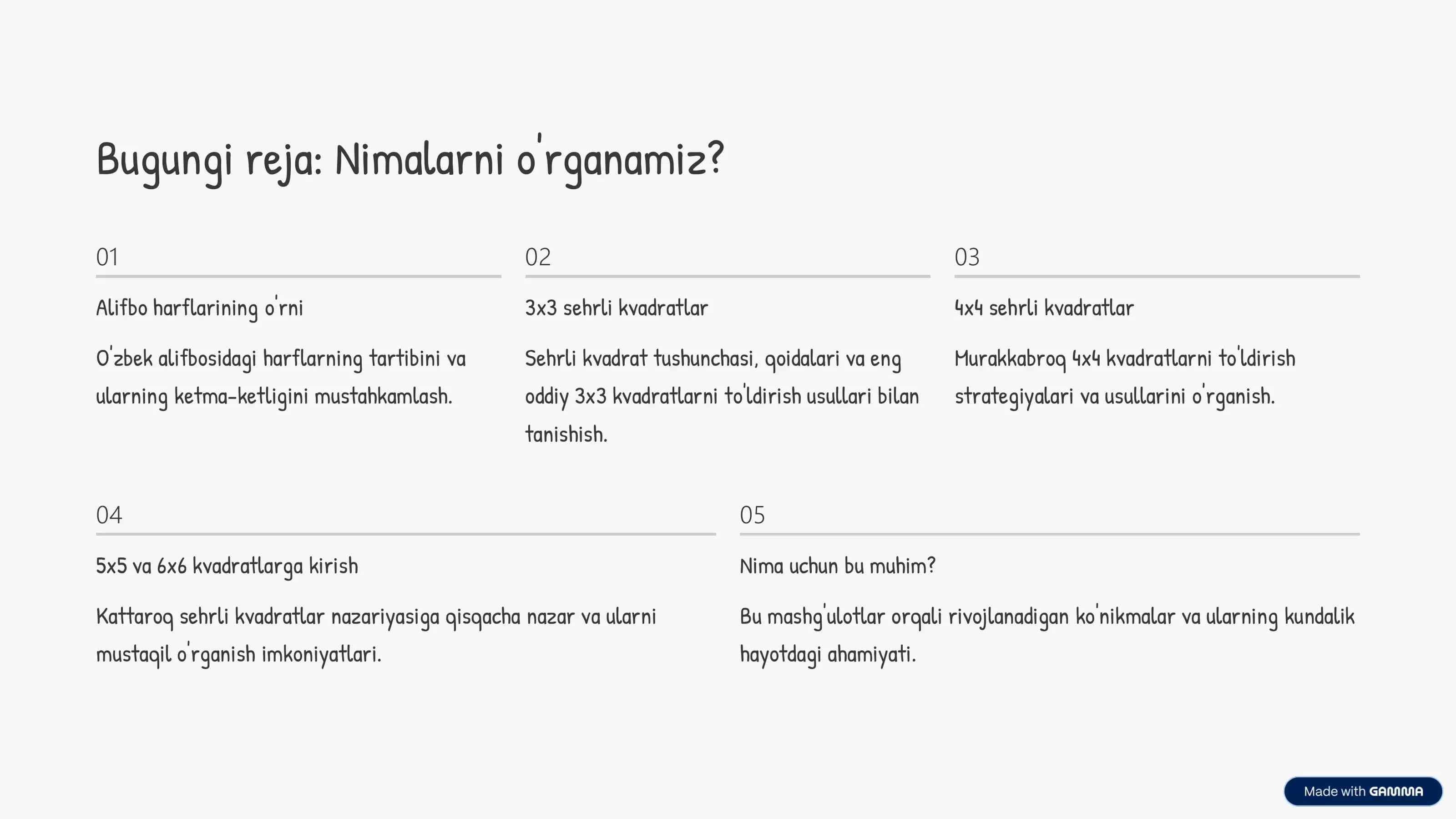 Alifbo harflari va sehrli kvadratlar 2