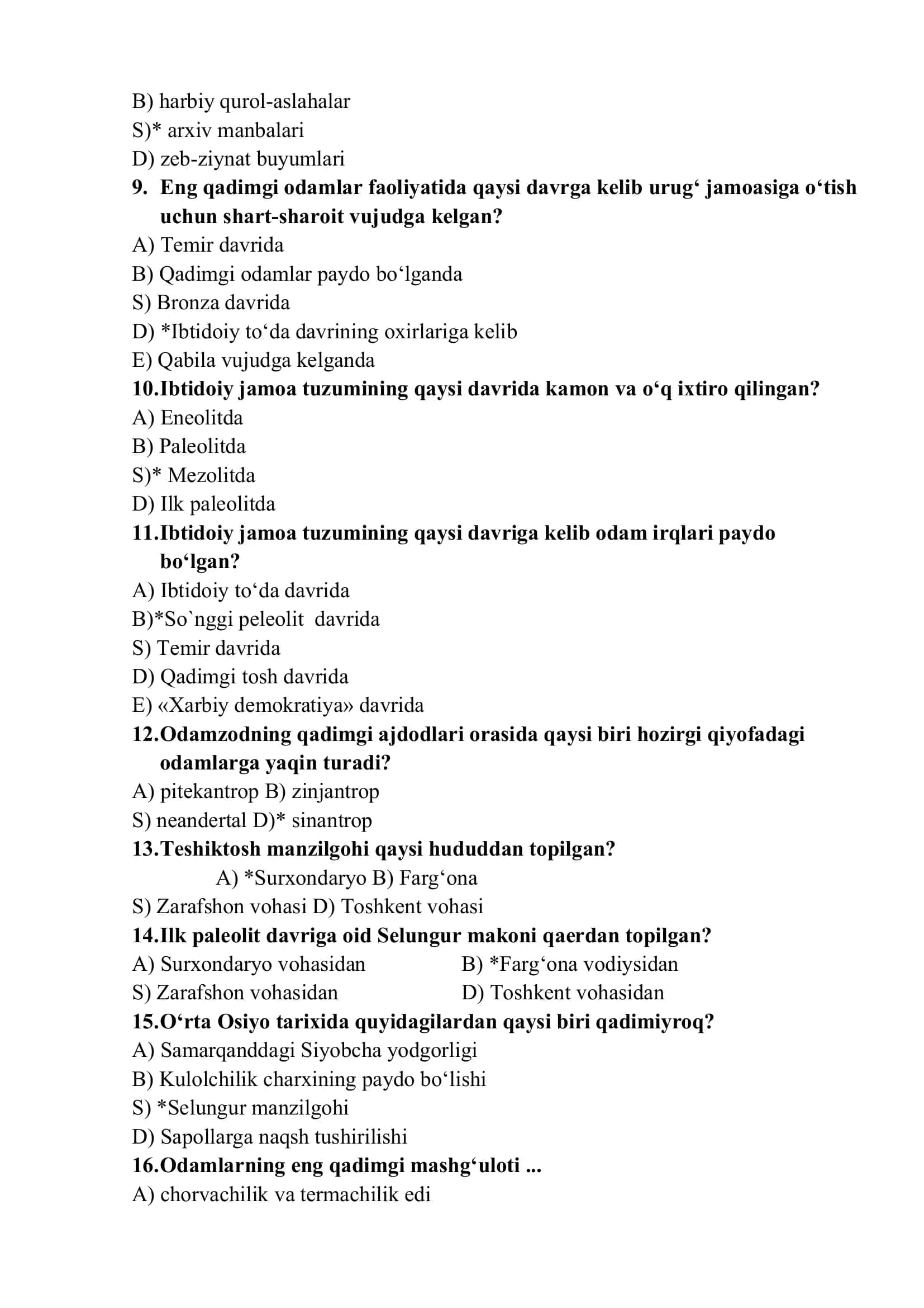 O'zbekiston tarixi test savollari javoblari 2