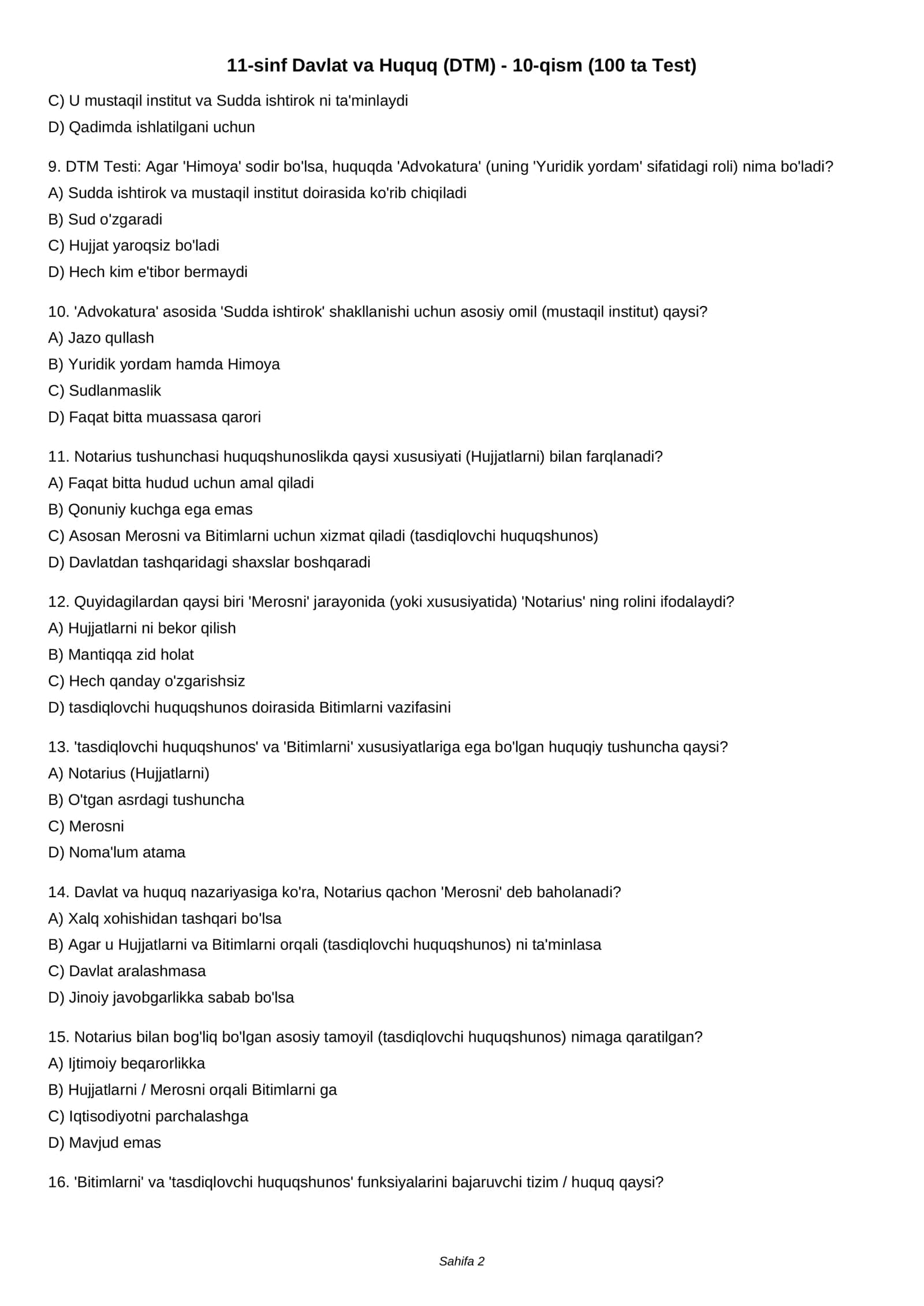 11-sinf Davlat va Huquq (DTM) - 10-qism (100 ta Test) 2