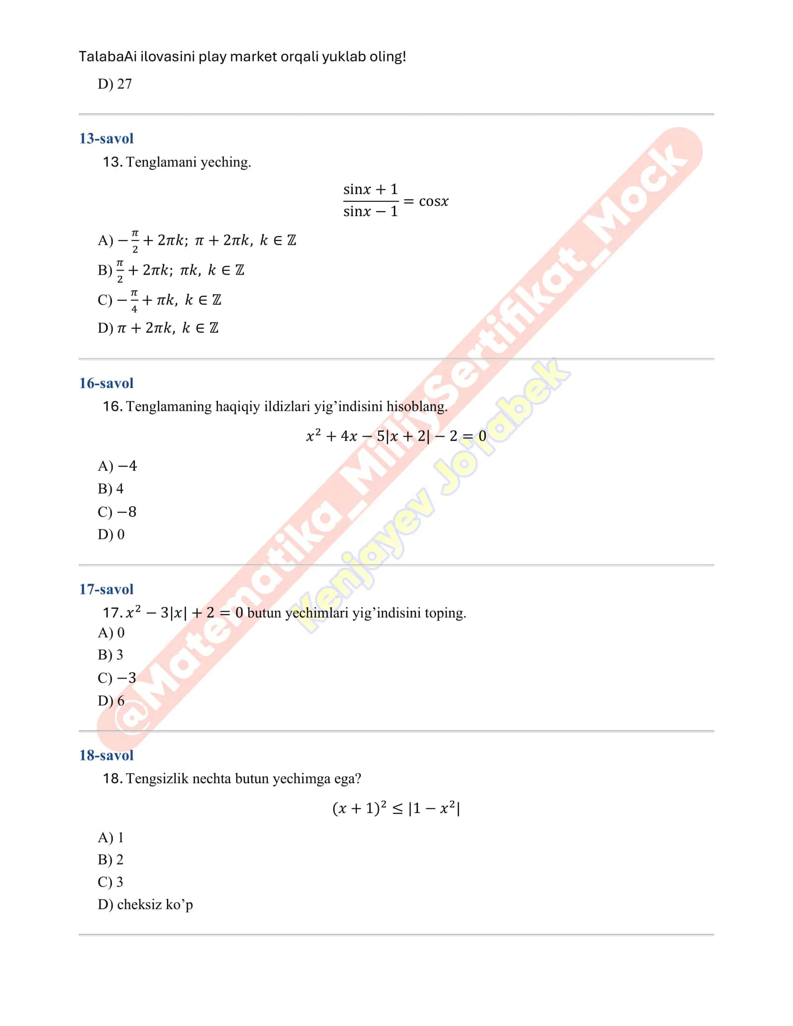 MILLIY SERTIFIKAT TEST SAVOLLARI (MATEMATIKA) 2