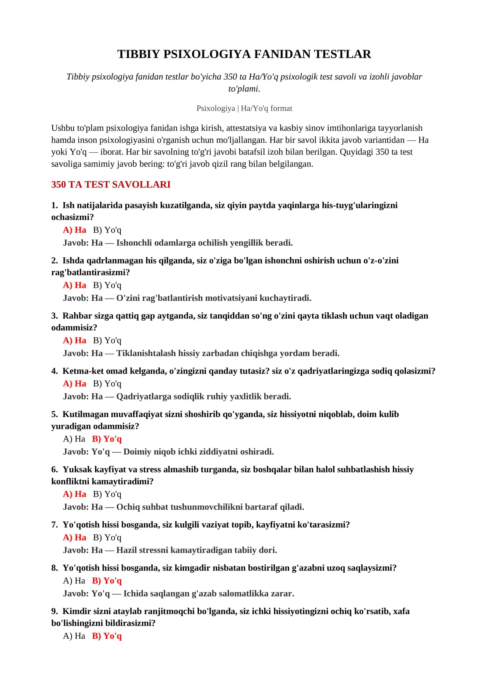 Tibbiy Psixologiya Fanidan Testlar 2