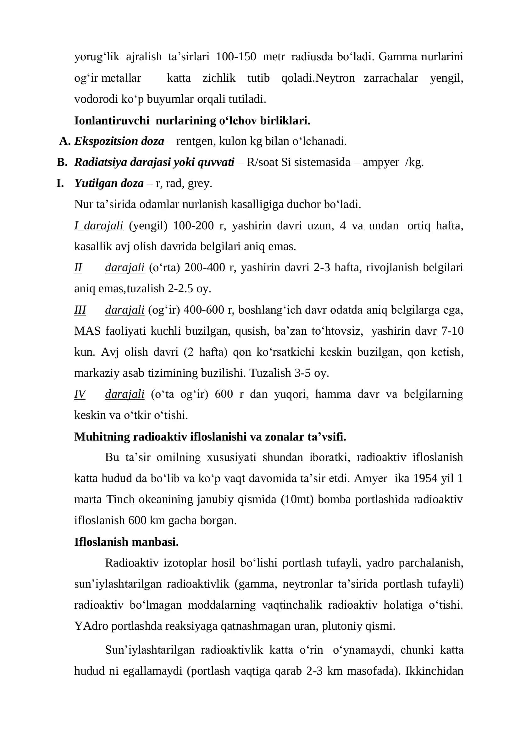 Yadroviy shikastlanish  o’chog’ining(yashu)tibbiy-taktik tavsifi.  Yorug‘lik ajralishning shikastlantirish ta’siri. 2