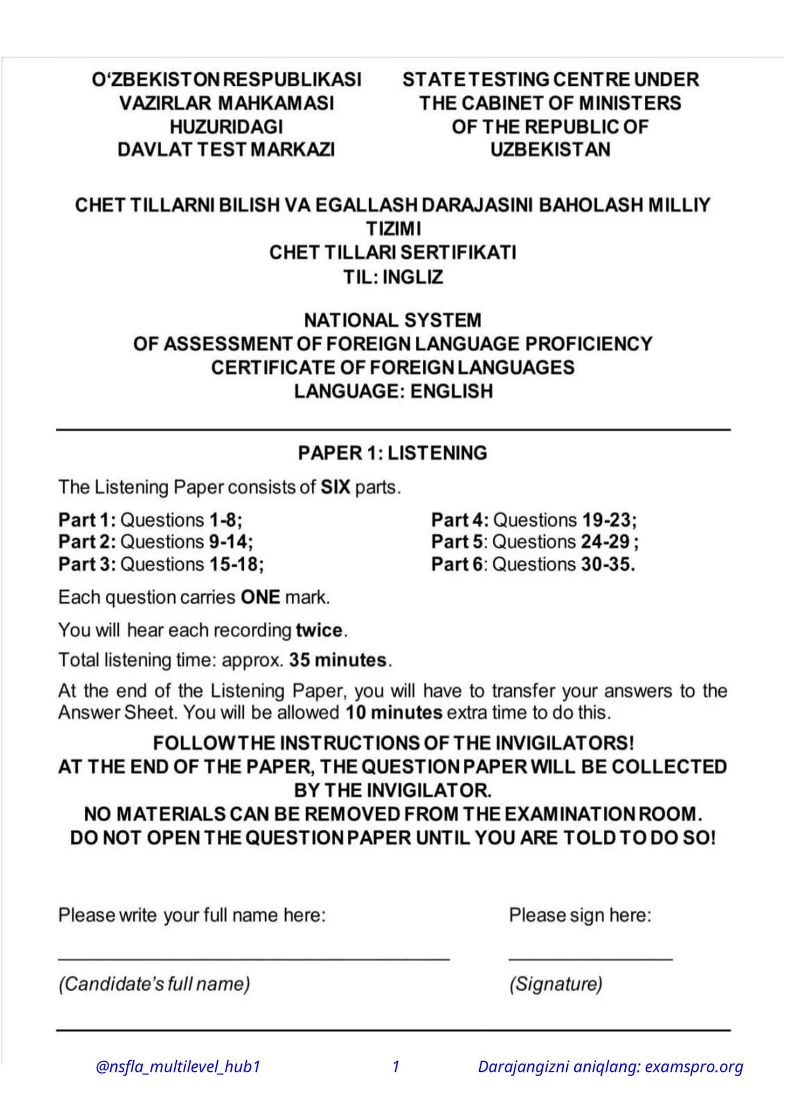 Darajangizni aniqlang: examspro.org 2