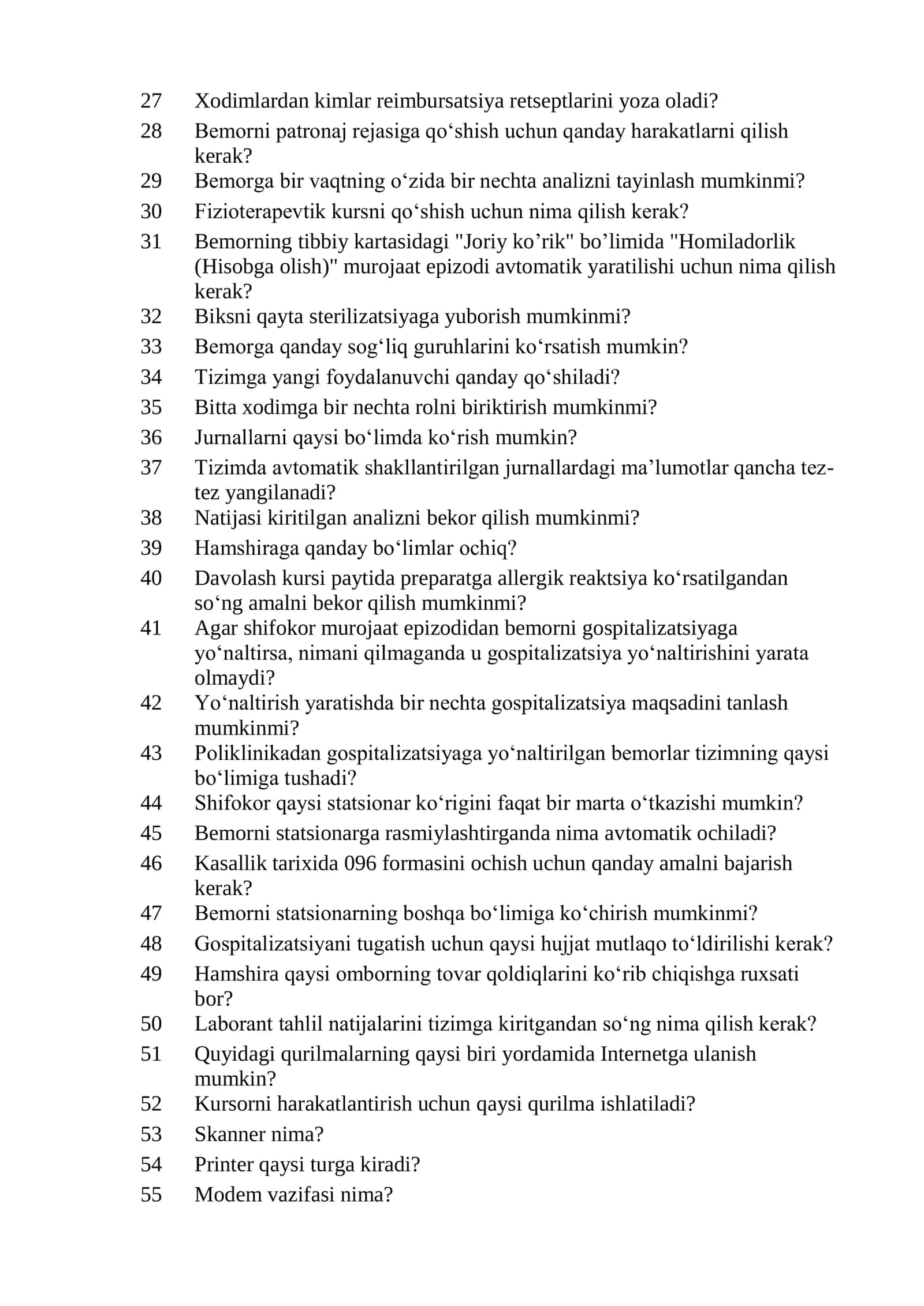 Kompyuter savodxonligi hamda “Yagona tibbiyot axborot tizim” (DMED)dan foydalanish” oʻquv kursi boʻyicha shakllantirilgan test savollari roʻyhati 2