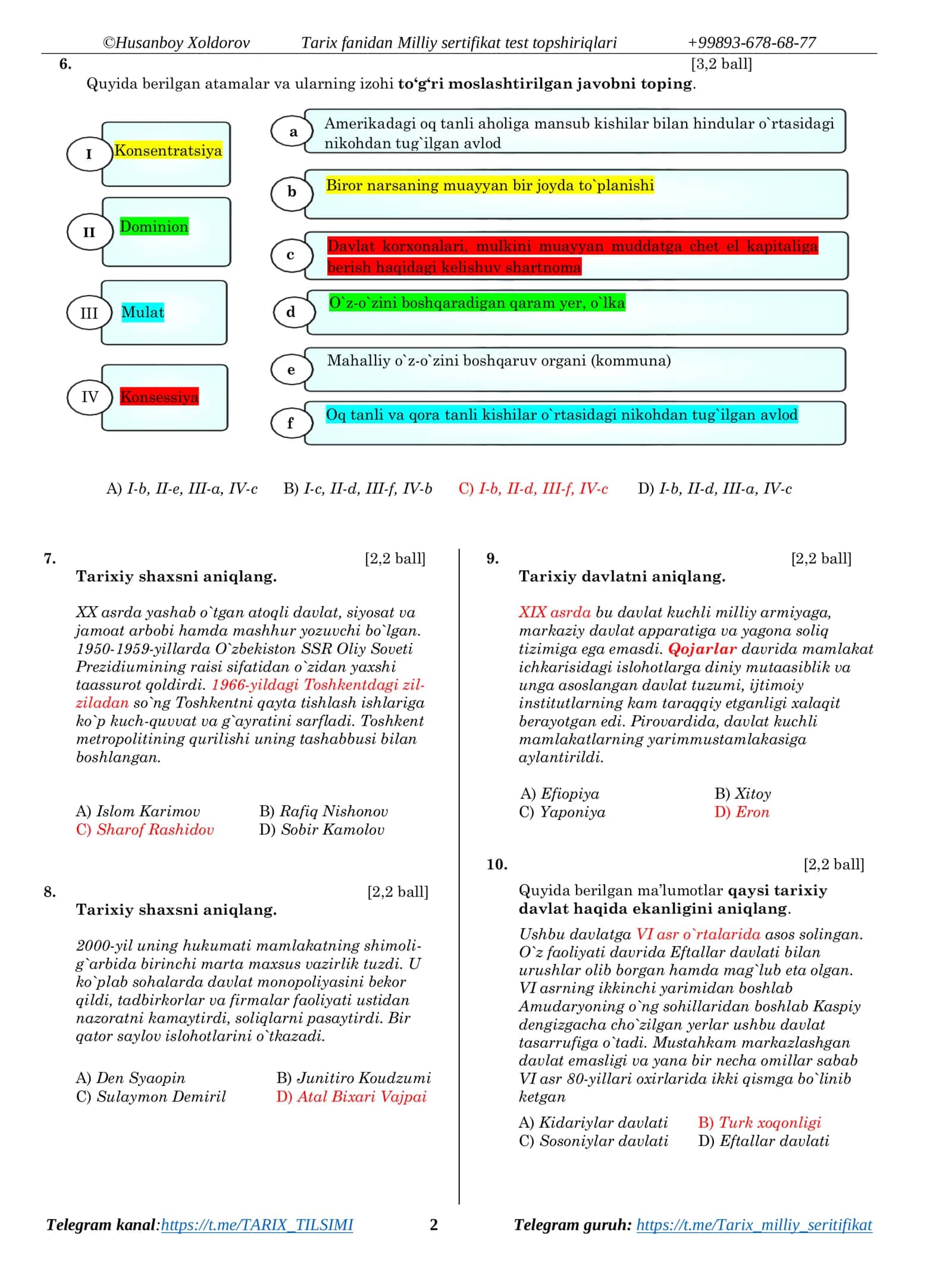 Tarix fanidan Milliy sertifikat test topshiriqlari 2