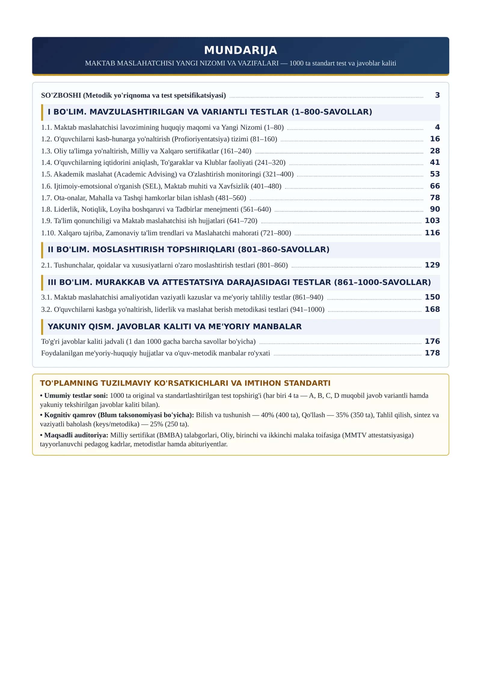 Maktab maslahatchisi yangi nizomi va vazifalari bo'yicha Qo'llanma va testlar 1000 ta javoblari bilan. 2