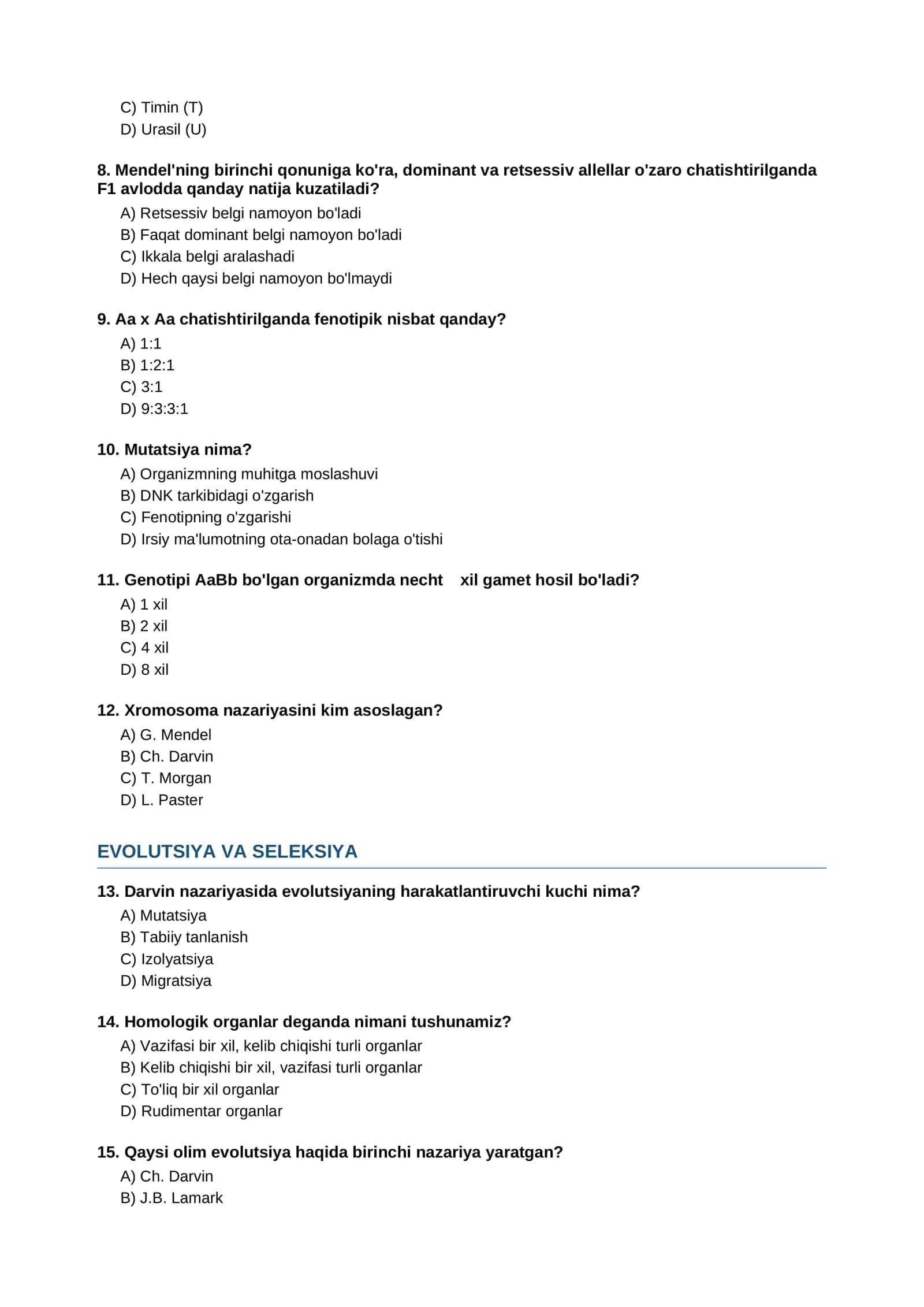 Biologiya DTM testi — 30 savol | Aralash mavzular | Javoblar bilan 2