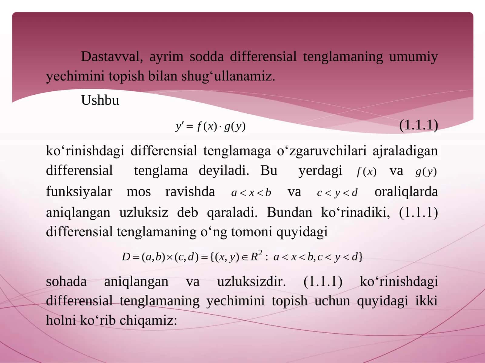 O‘zgaruvchilari ajraladigan va unga keltiriladigan birinchi tartibli differensial tenglamalar 2
