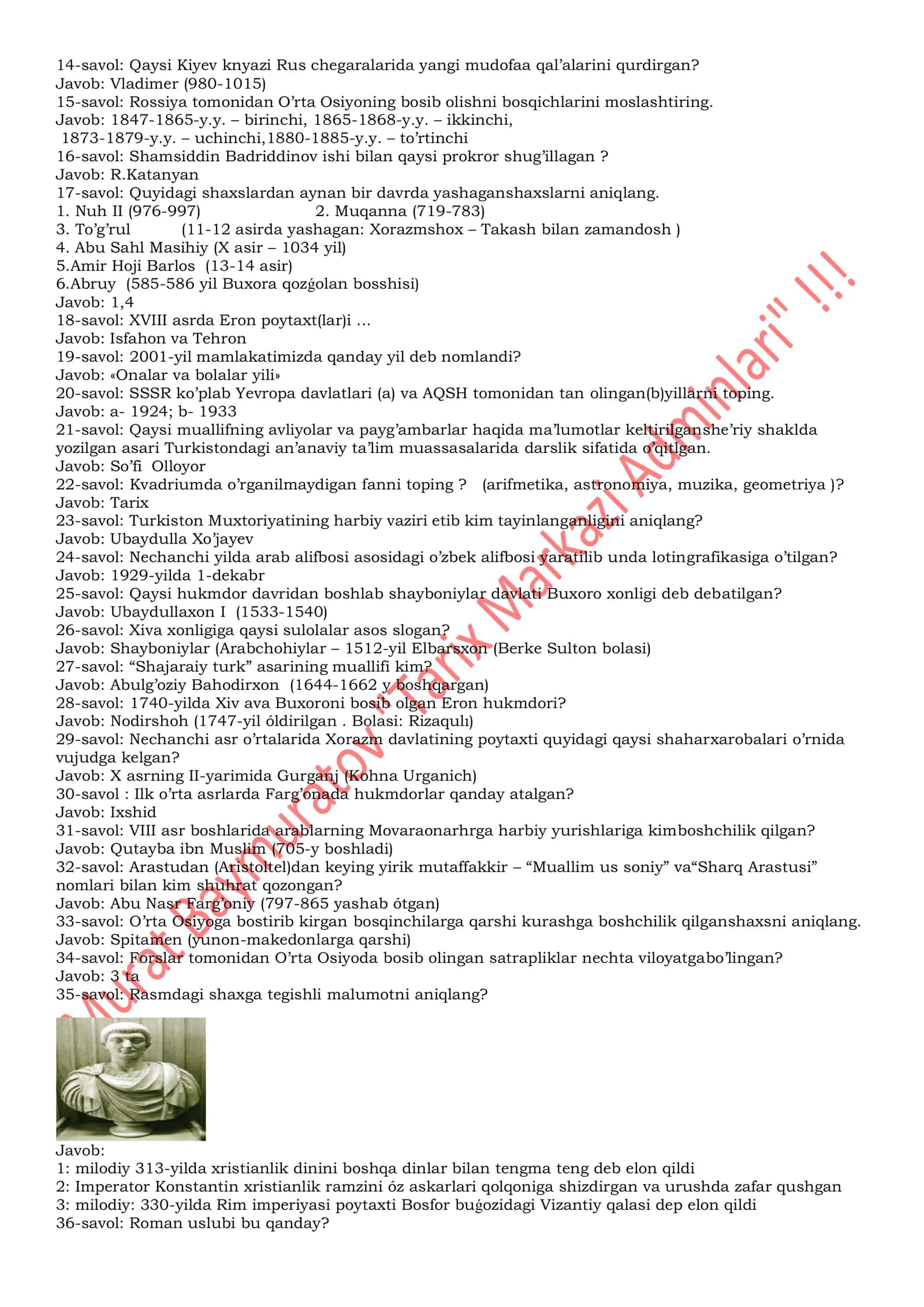 Tarix Attestatsiya testlari savollari va jabovlari bilan to'liq 2
