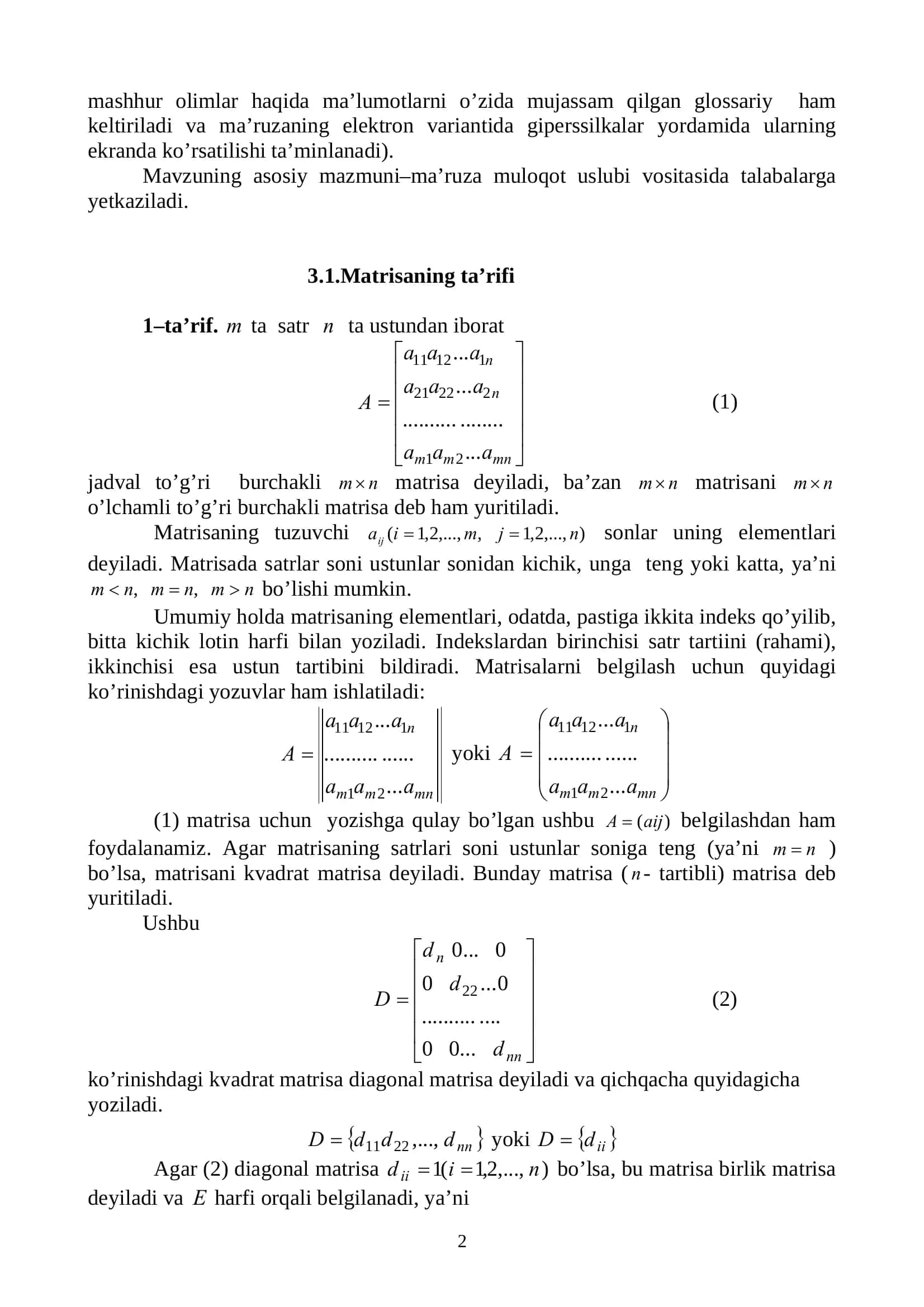 Oliy matematika: matrisalar, teskari matrisa va rangi (PDF) 2