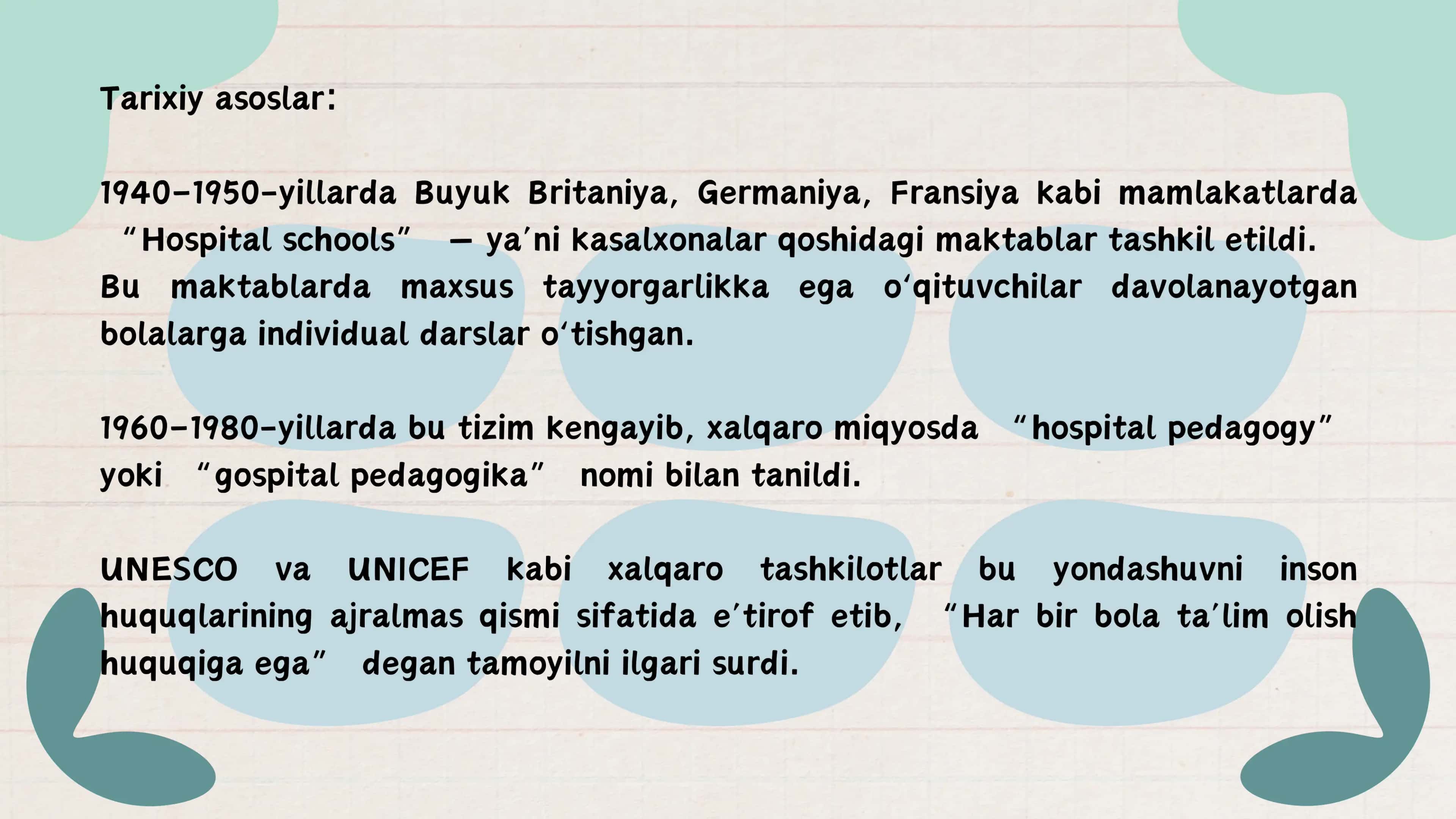 Tibbiyot muassasalari statsionallarida uzoq muddatli davolanayotgan bolalar uchun ta'lim muhitini yaratish 2