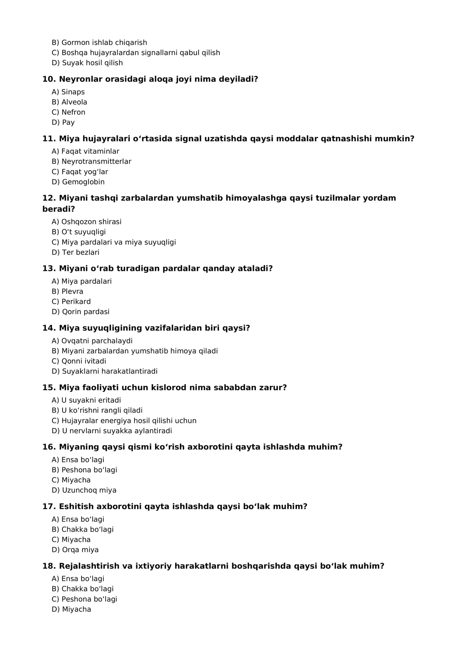 Odam miyasi haqida 100 ta biologiya testi va javoblari 2