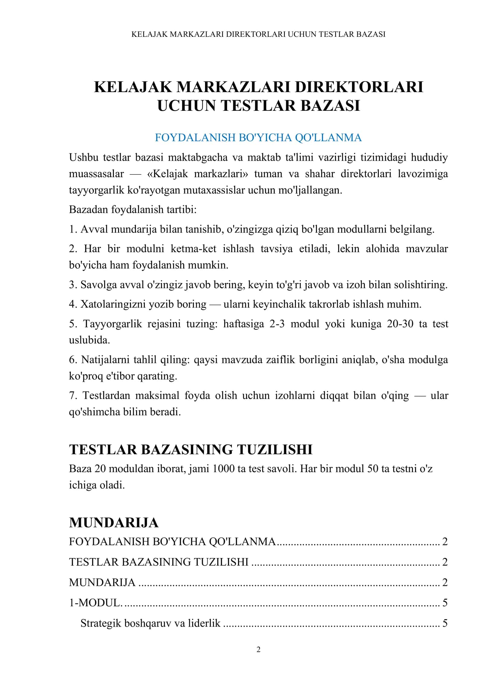 KELAJAK MARKAZLARI DIREKTORLARI UCHUN TESTLAR BAZASI 2